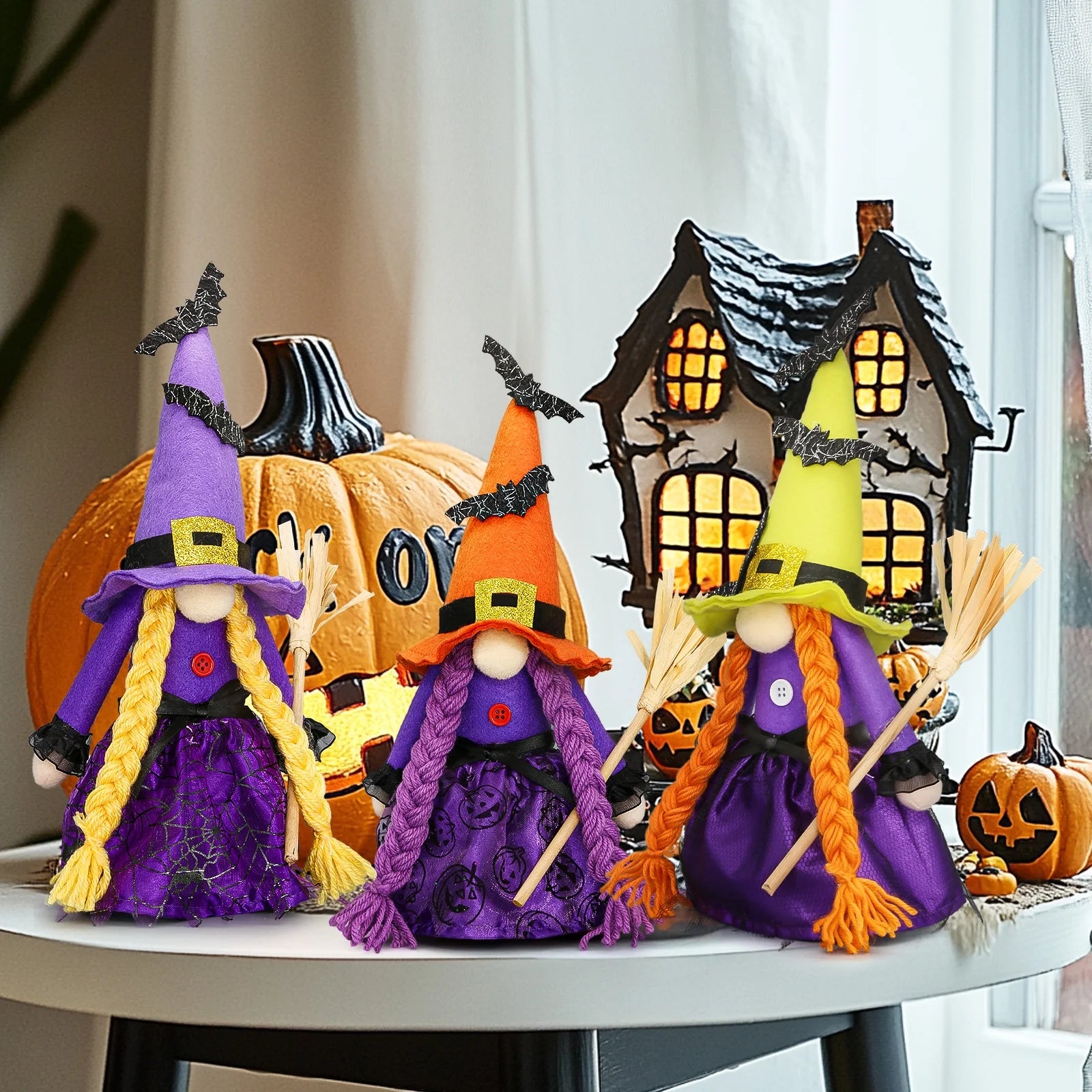 Hocus Pocus Halloween Gnomes Plush Decoration 3 Pcs Handmade Halloween Witches Swedish Scandinavian Tomte Elf Gnomes for Halloween Home Table Tiered Tray Decor