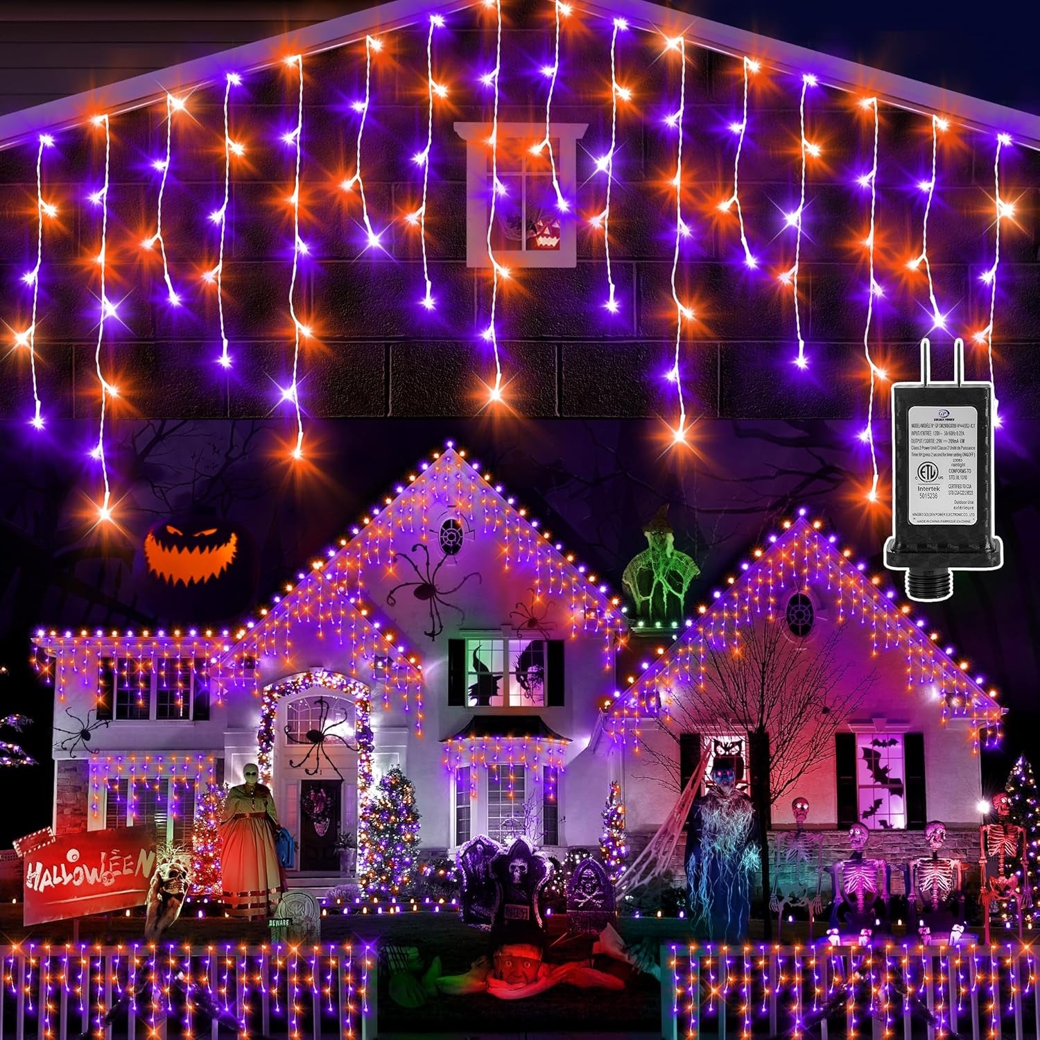 Orange Purple Halloween Lights 33FT 400 LED String Lights Outdoor with 75 Drops, 8 Lighting Modes, Timer Memory Function Connectable Hanging Curtain Lights for Halloween Party Decor