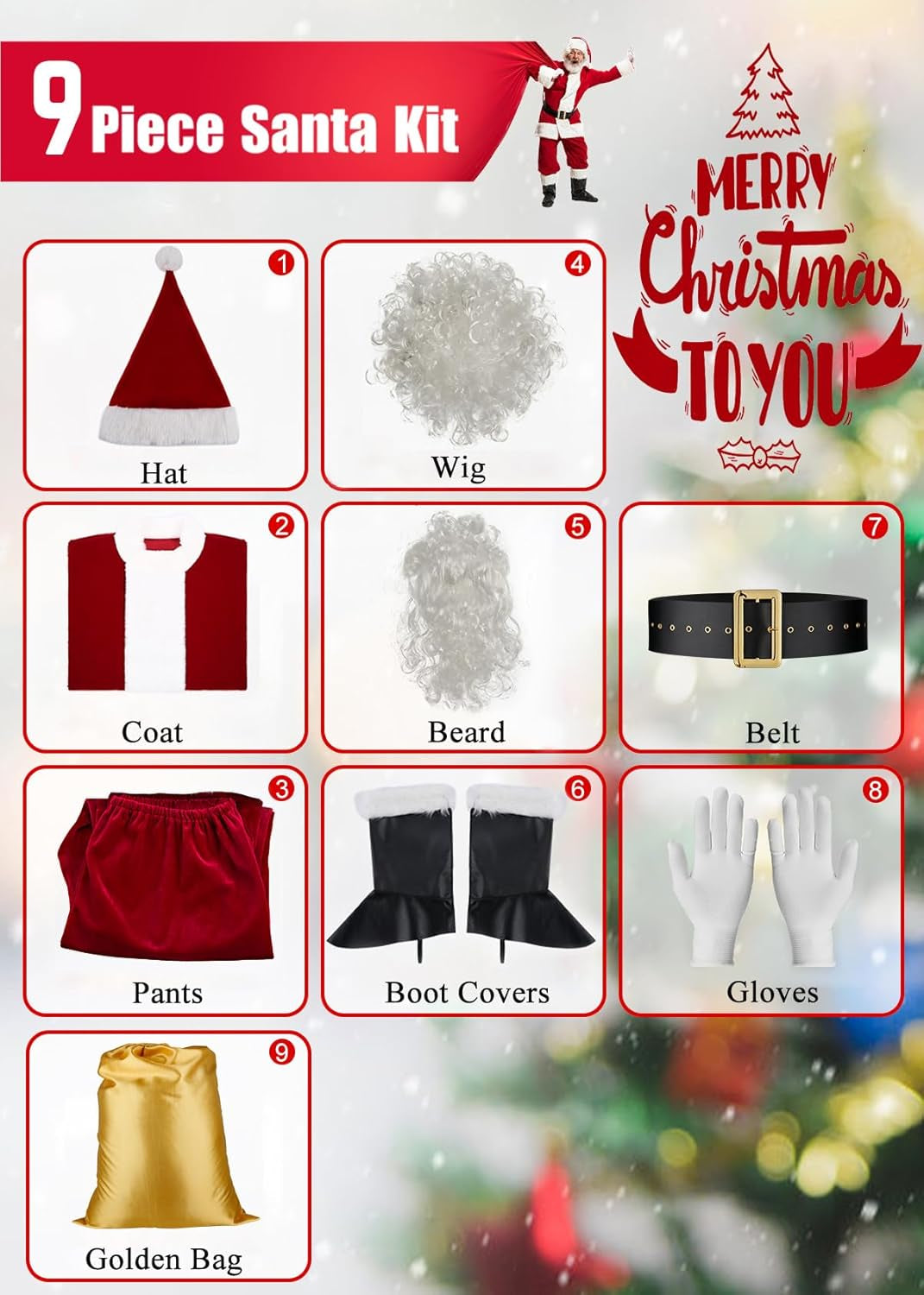 Santa Claus Costume for Men 9PCS, Christmas Santa Costume Adult Deluxe Santa Suit Professional Santa Outfit