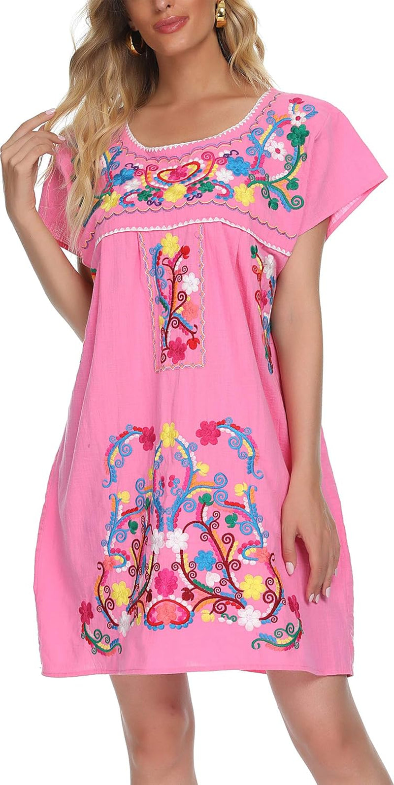 Women'S Casual Skirt Boho Mexican Peasant Dresse plus Size XXL Dress (225PINK, S)