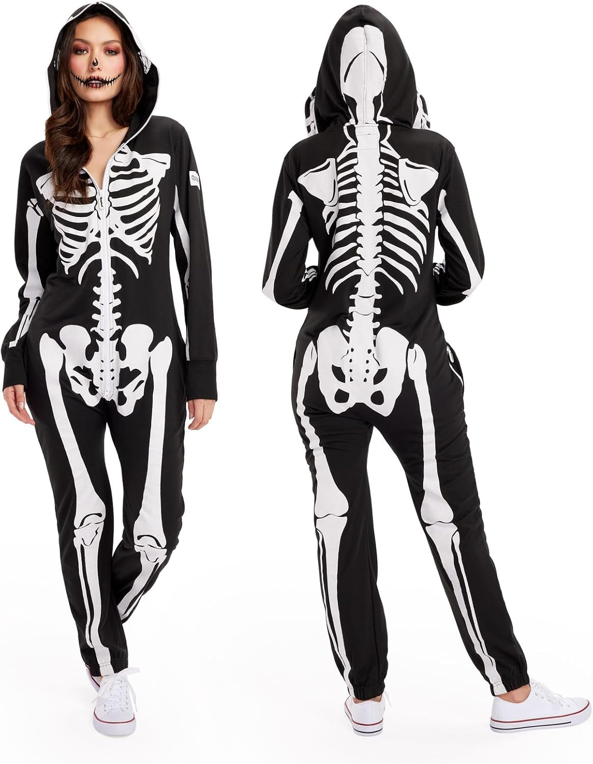Halloween Skeleton Costume for Women - Comfy Easy Adult Onesie Jumpsuit - Front and Back Print with Zip up Mask