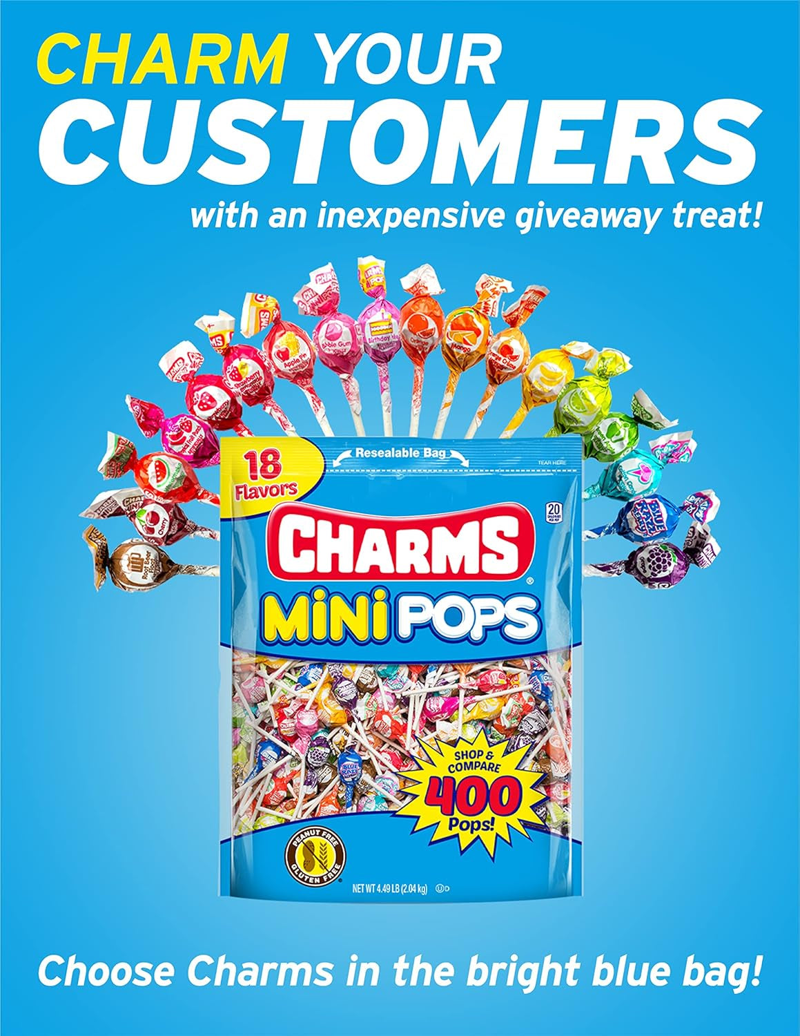 Charms Mini Pops - 4.5 Lb Bag of Individually Wrapped Fruity Hard Candy Lollipops in 18 Fun Flavors - Peanut and Gluten Free, 400 Count, Packaging May Vary