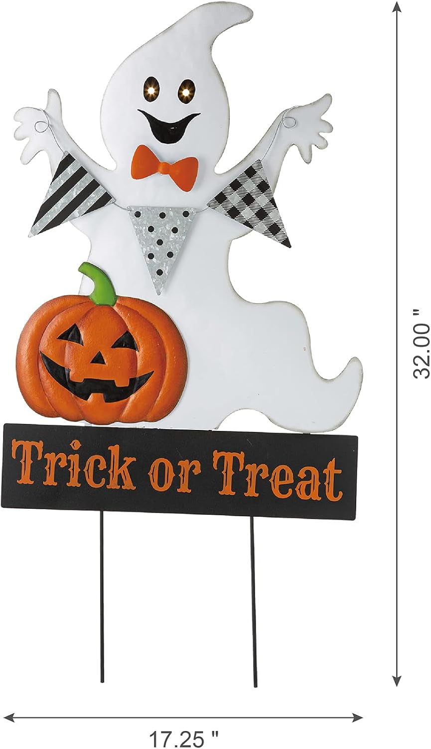 32" H Lighted Metal Ghost Yard Stake, Halloween Yard Sign for Home Decorative