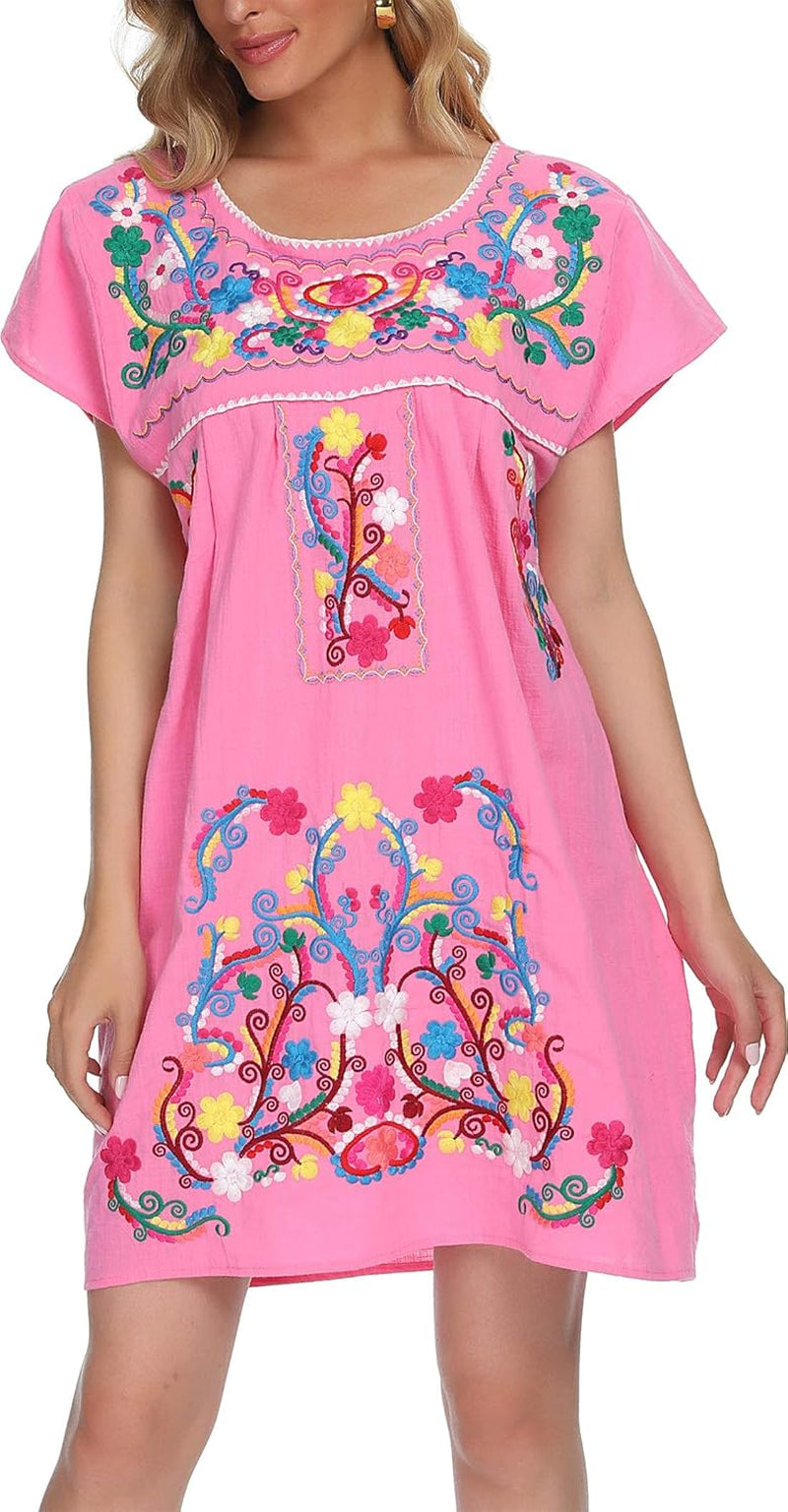 Women'S Casual Skirt Boho Mexican Peasant Dresse plus Size XXL Dress (225PINK, M)