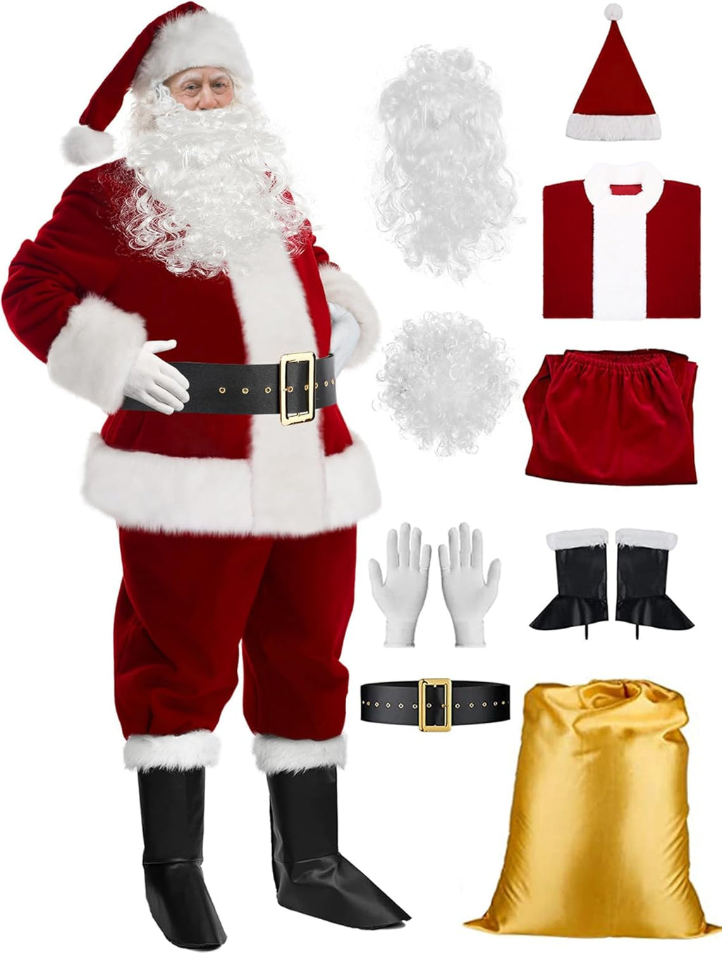 Santa Claus Costume for Men 9PCS, Christmas Santa Costume Adult Deluxe Santa Suit Professional Santa Outfit