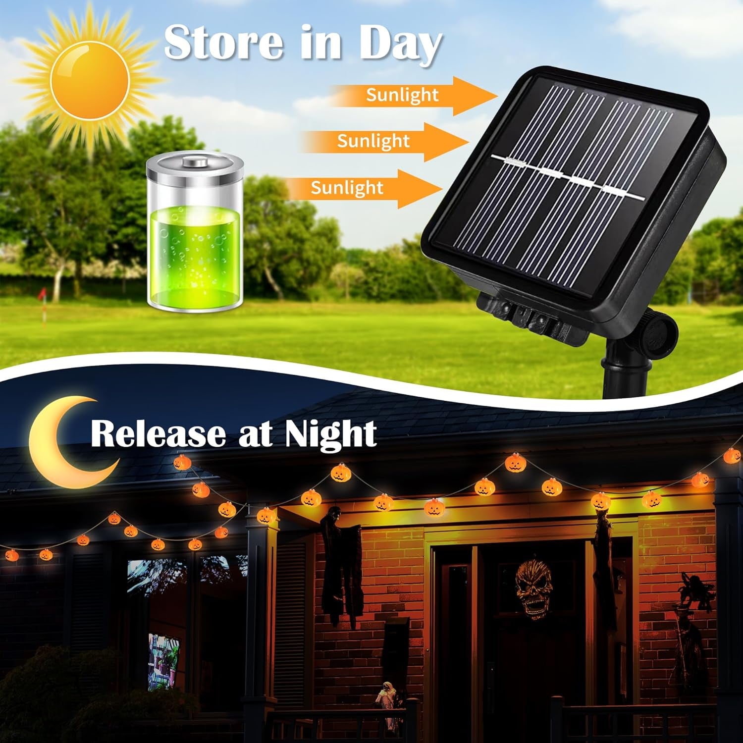 Solar Halloween Lights 60 Leds, Outdoor Pumpkin Lights with 8 Modes, 25.9 FT Decorations for Porch, Window, Garden, Yard, Party