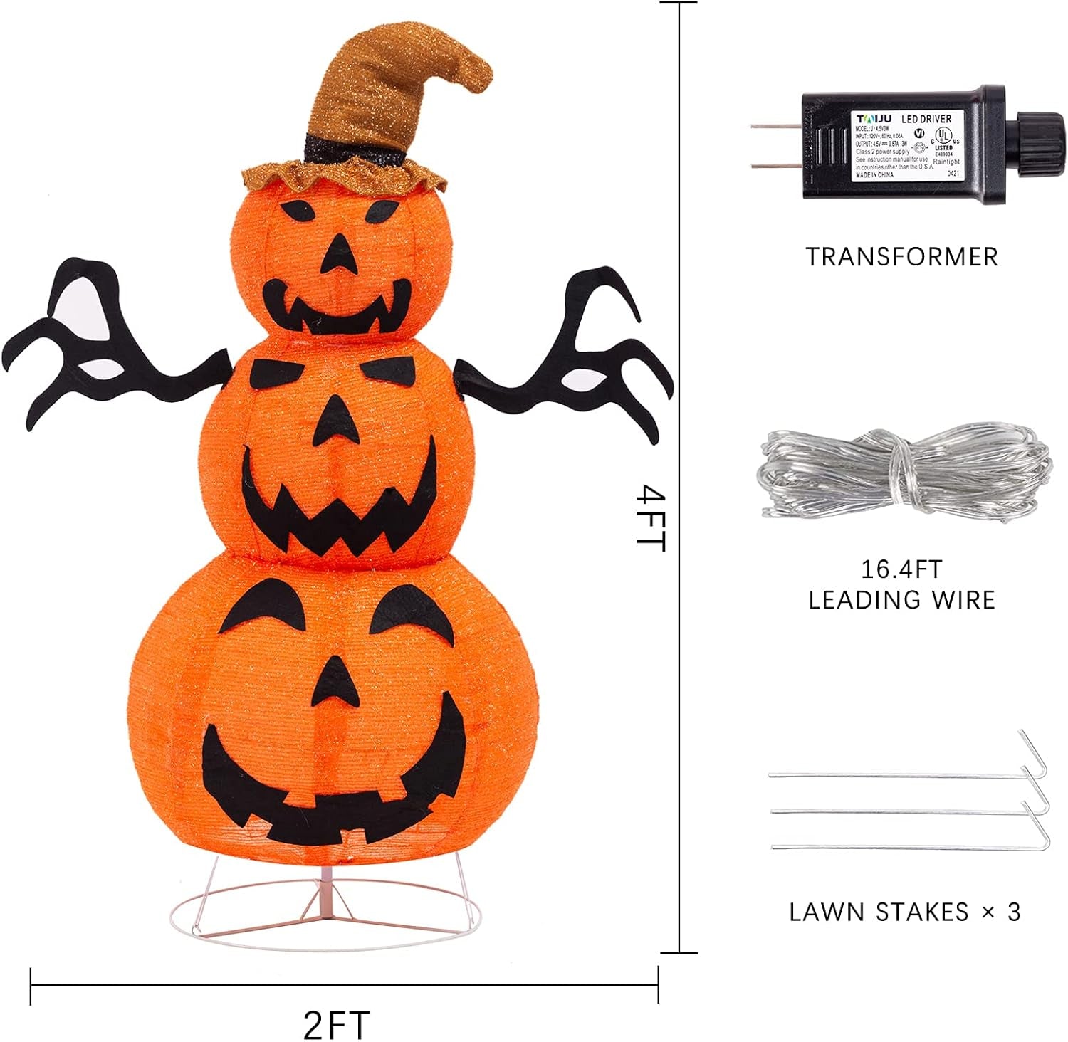 4FT Halloween Decorations Outdoor, Fabric Halloween Stacked Pumpkin Yard Decorations with Witches Hat Build in LED Lights for Lawn and Garden