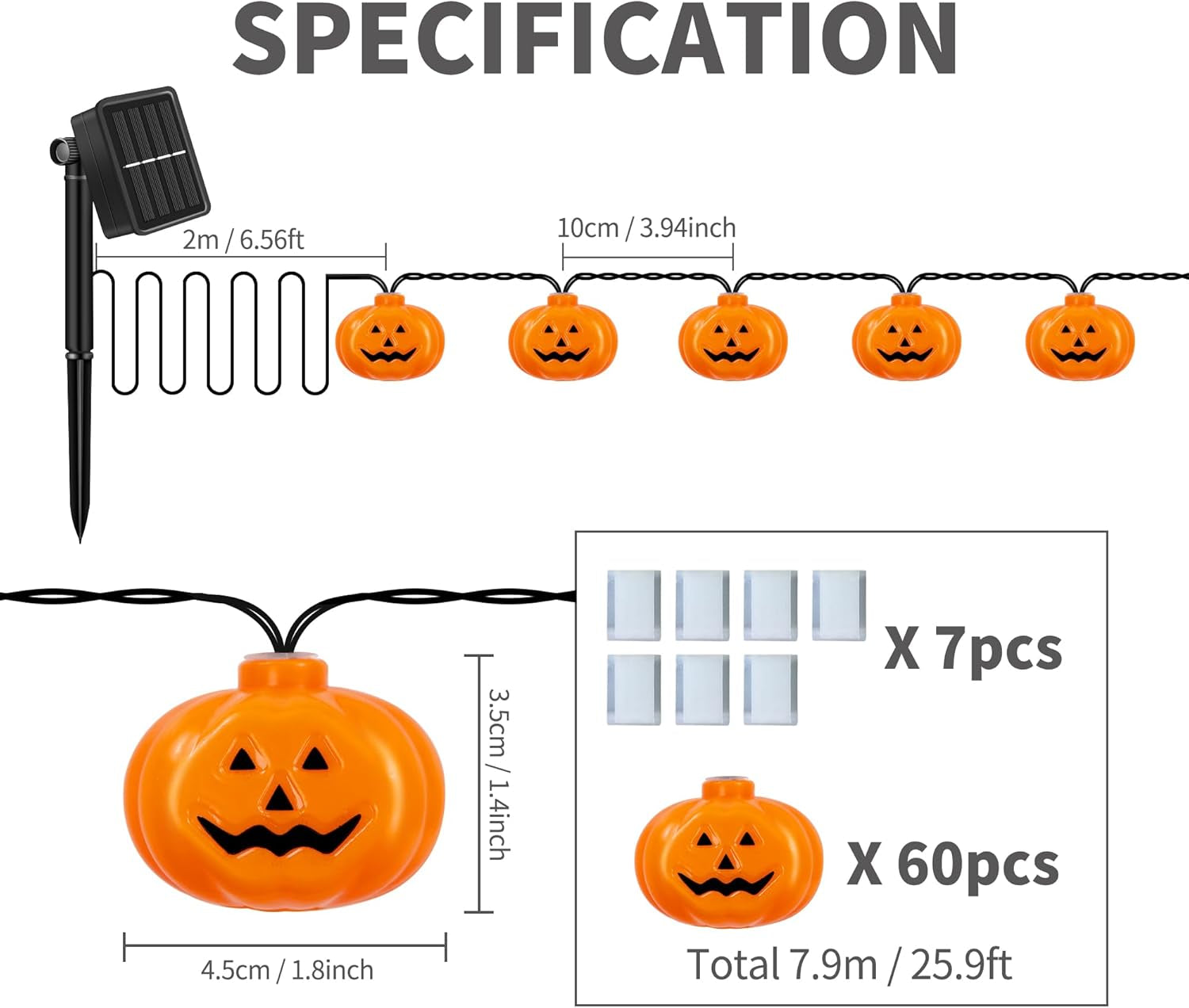 Solar Halloween Lights 60 Leds, Outdoor Pumpkin Lights with 8 Modes, 25.9 FT Decorations for Porch, Window, Garden, Yard, Party