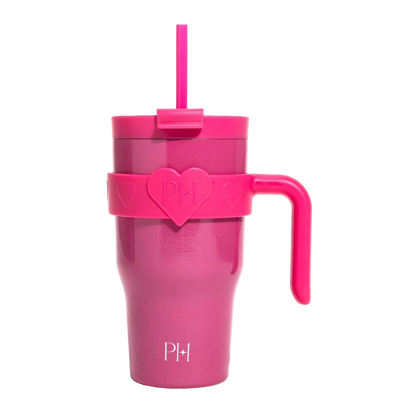 20 oz Double-Wall Insulated Tumbler, Includes 2-in-1 Lid & Removable Straw, Removable Heart-Detail Handle, Hot Pink
