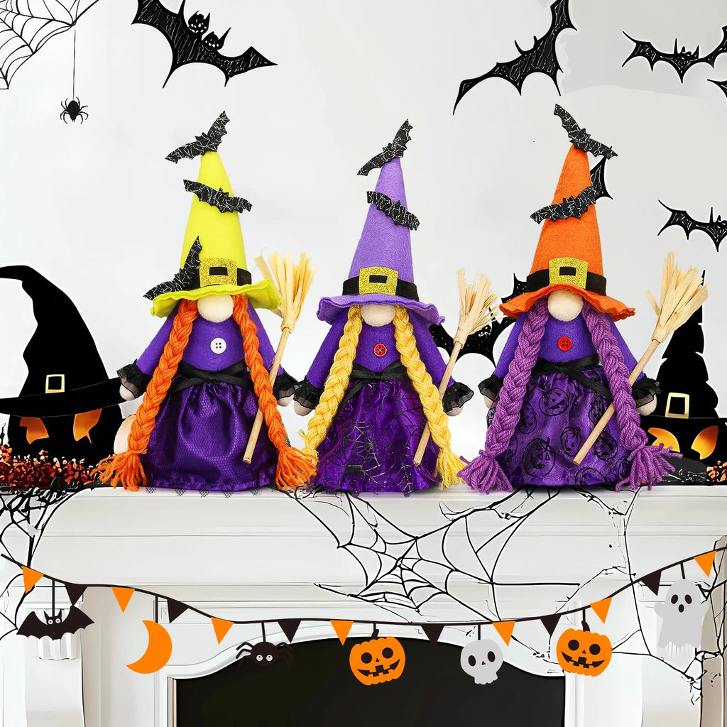 Hocus Pocus Halloween Gnomes Plush Decoration 3 Pcs Handmade Halloween Witches Swedish Scandinavian Tomte Elf Gnomes for Halloween Home Table Tiered Tray Decor