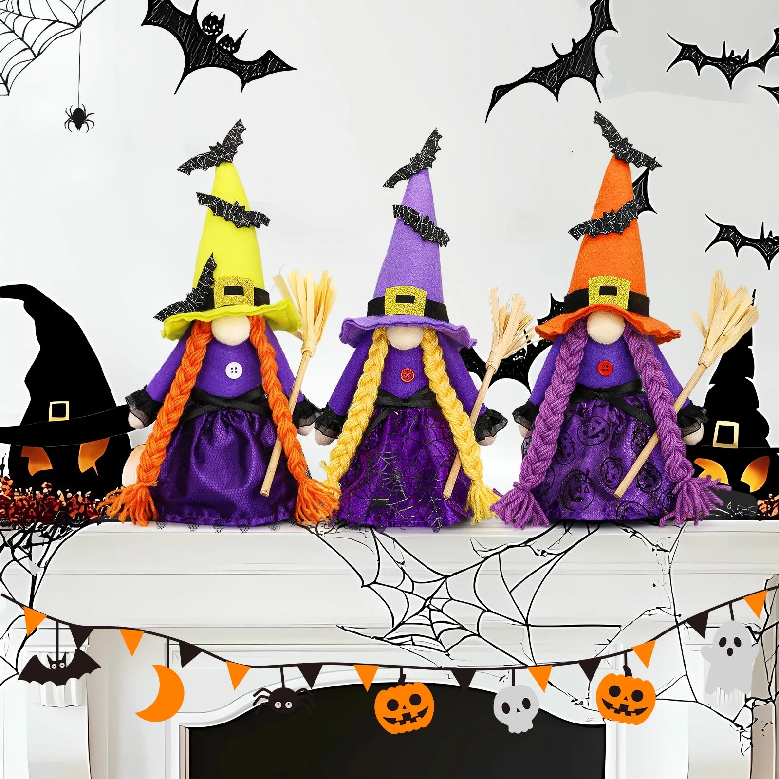 Hocus Pocus Halloween Gnomes Plush Decoration 3 Pcs Handmade Halloween Witches Swedish Scandinavian Tomte Elf Gnomes for Halloween Home Table Tiered Tray Decor