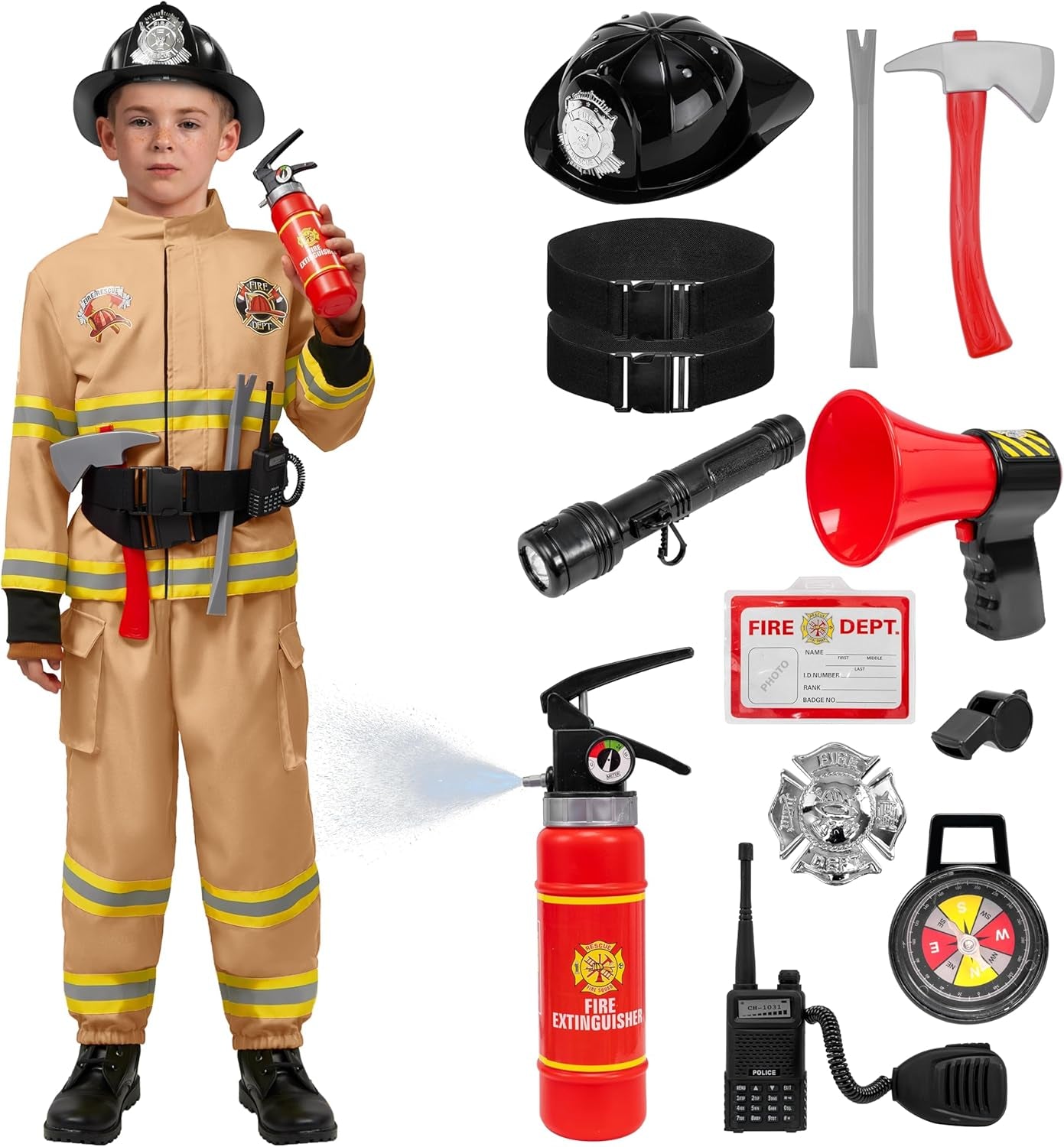 Halloween Firefighter Costume for Kids, Boys Fireman Costume Set, Firefighter Accessories for Cosplay