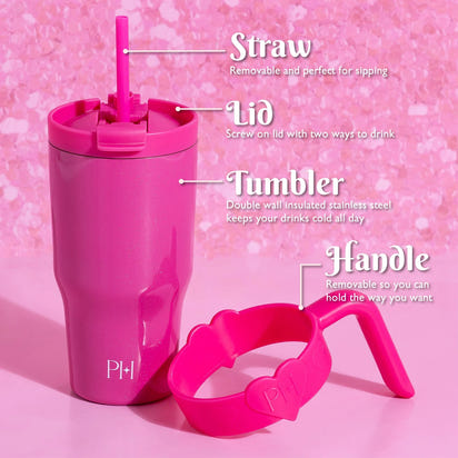20 oz Double-Wall Insulated Tumbler, Includes 2-in-1 Lid & Removable Straw, Removable Heart-Detail Handle, Hot Pink