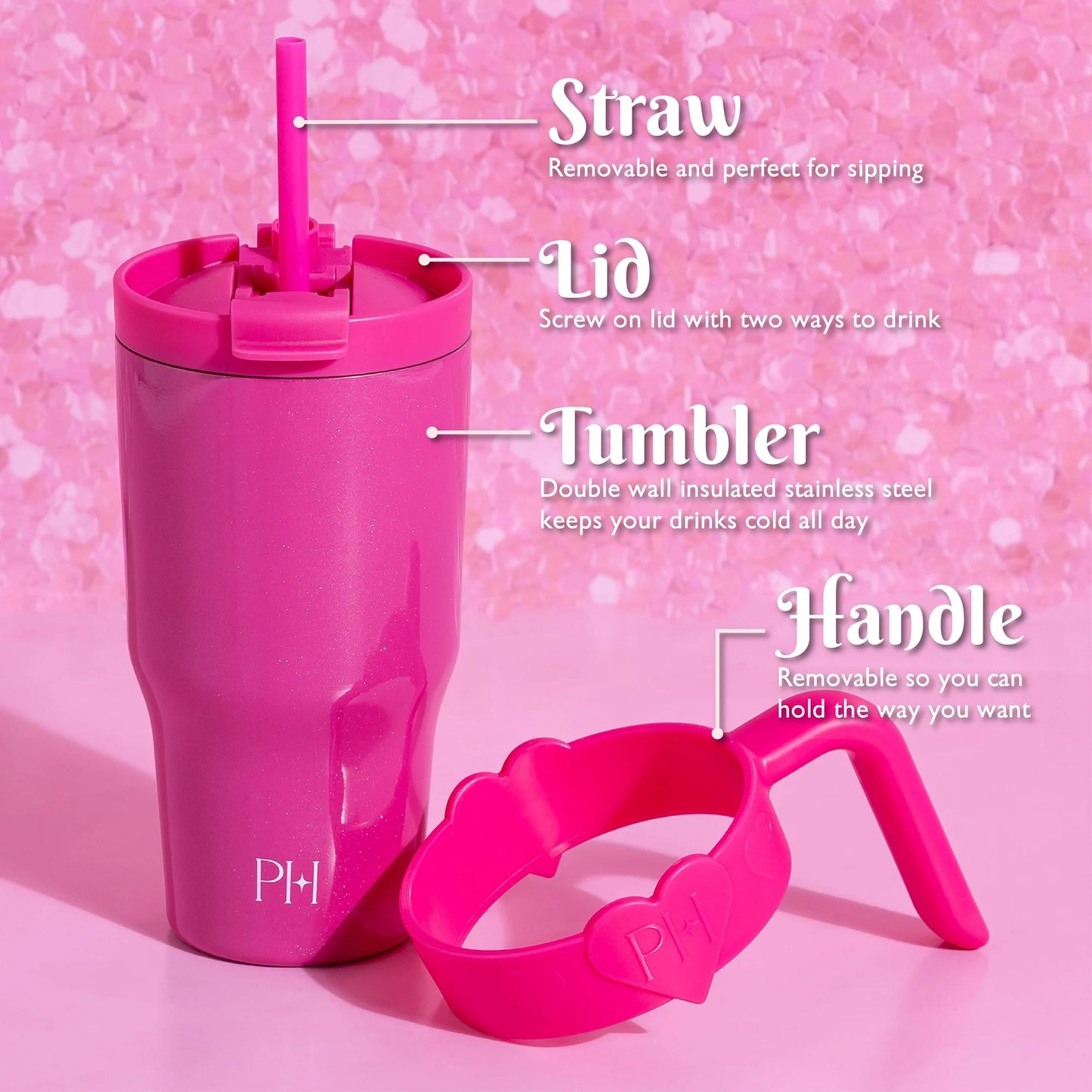 20 oz Double-Wall Insulated Tumbler, Includes 2-in-1 Lid & Removable Straw, Removable Heart-Detail Handle, Hot Pink
