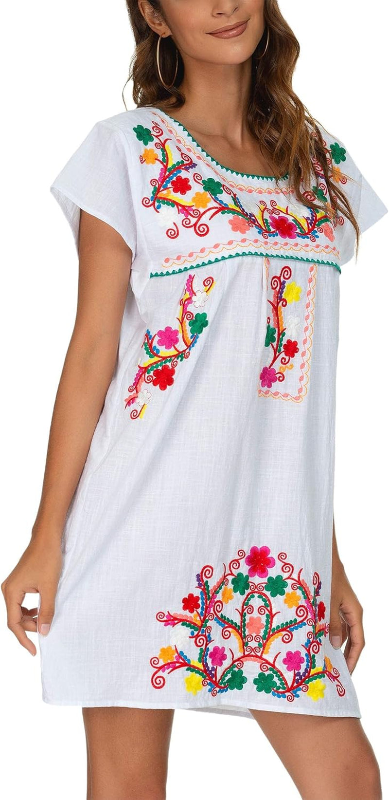Women Mexican Embroidered Dress Short Sleeve