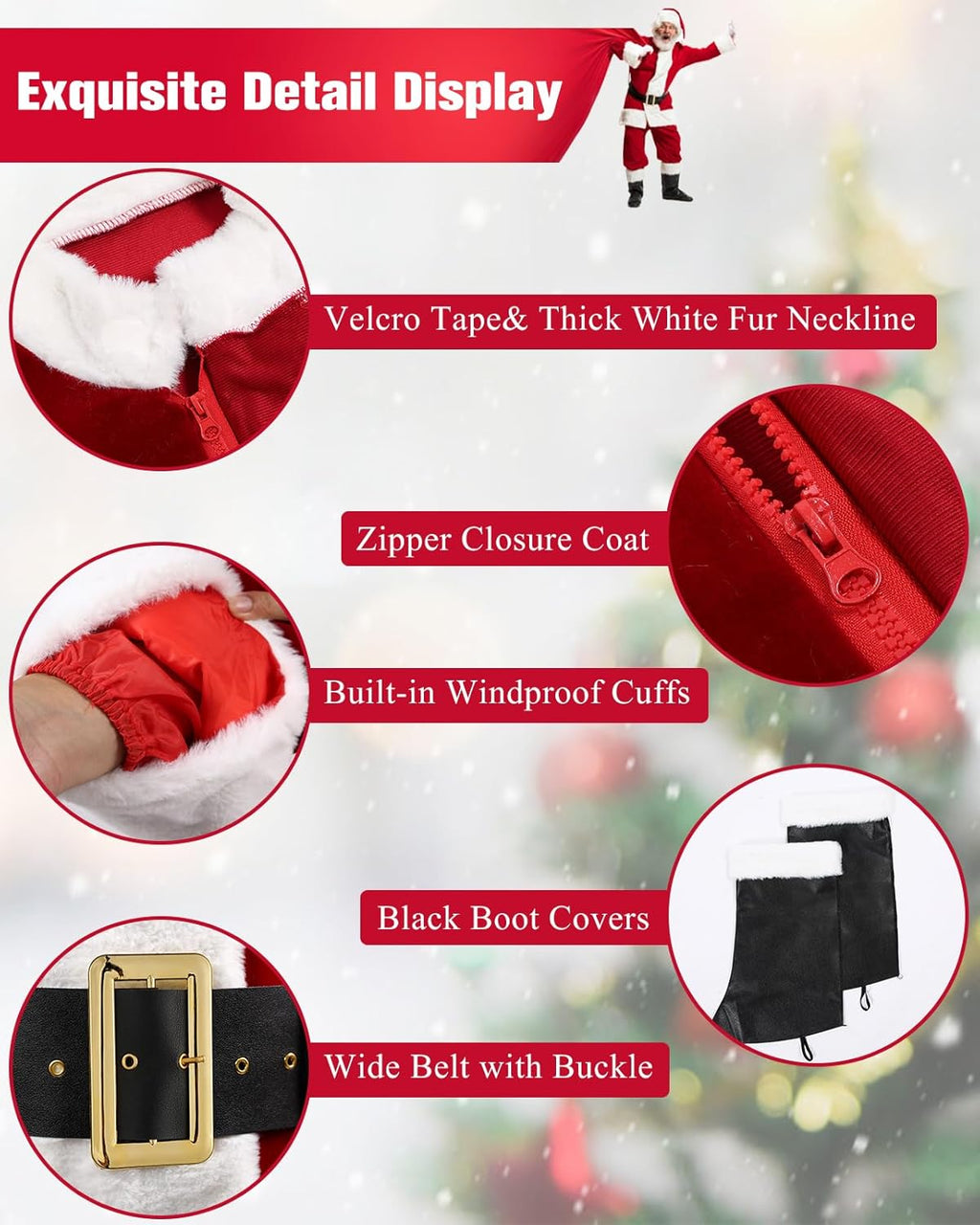 Santa Claus Costume for Men 9PCS, Christmas Santa Costume Adult Deluxe Santa Suit Professional Santa Outfit