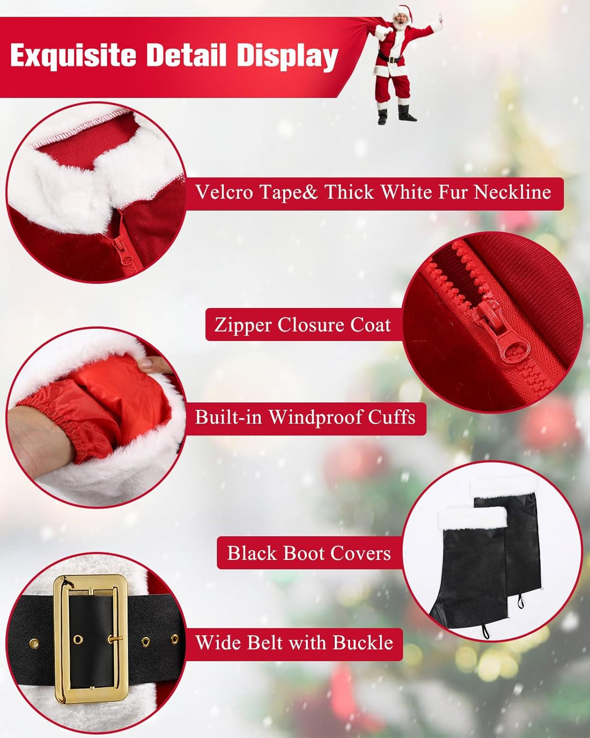 Santa Claus Costume for Men 9PCS, Christmas Santa Costume Adult Deluxe Santa Suit Professional Santa Outfit