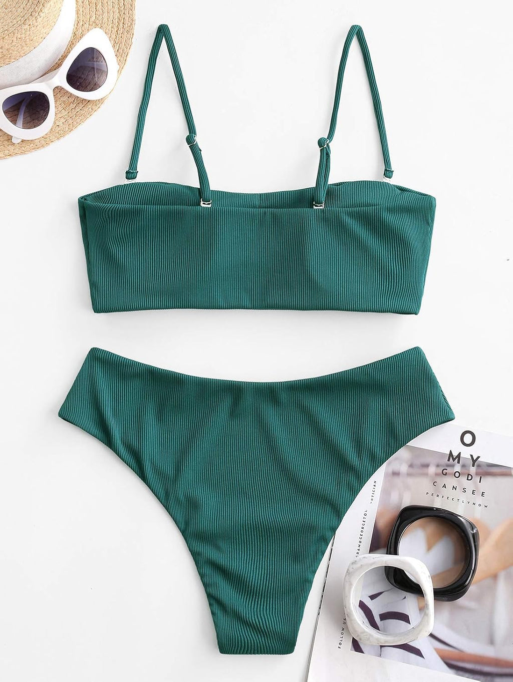 Women Textured Bikini with Removable Straps, High Waisted Bandeau Swimsuit Two Piece Bathing Suits (Peacock Blue-Ribbed,M)