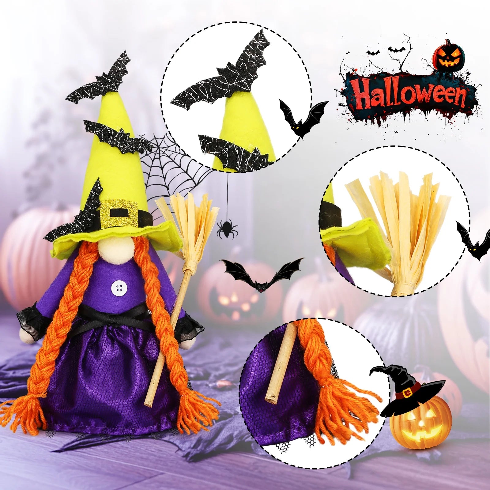 Hocus Pocus Halloween Gnomes Plush Decoration 3 Pcs Handmade Halloween Witches Swedish Scandinavian Tomte Elf Gnomes for Halloween Home Table Tiered Tray Decor