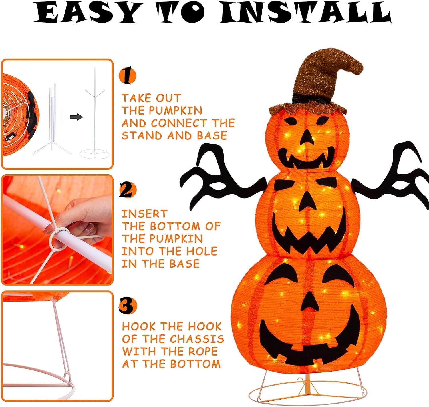 4FT Halloween Decorations Outdoor, Fabric Halloween Stacked Pumpkin Yard Decorations with Witches Hat Build in LED Lights for Lawn and Garden