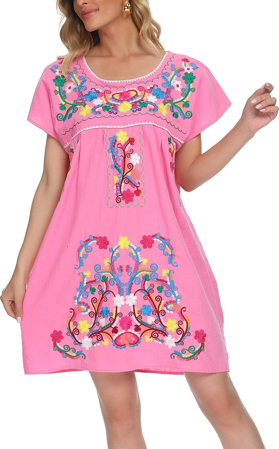 Women'S Casual Skirt Boho Mexican Peasant Dresse plus Size XXL Dress (225PINK, M)