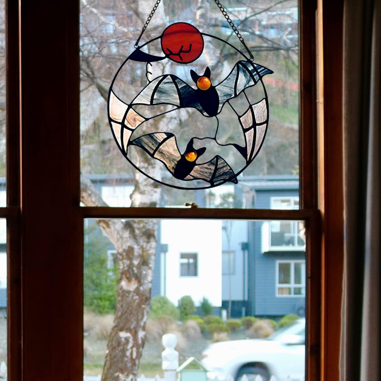 Halloween Bats Decor Stained Glass Window Hangings,Bat Stained Glass Suncatcher for Window,Halloween Party Decoration for Home Livingroom Bedroom