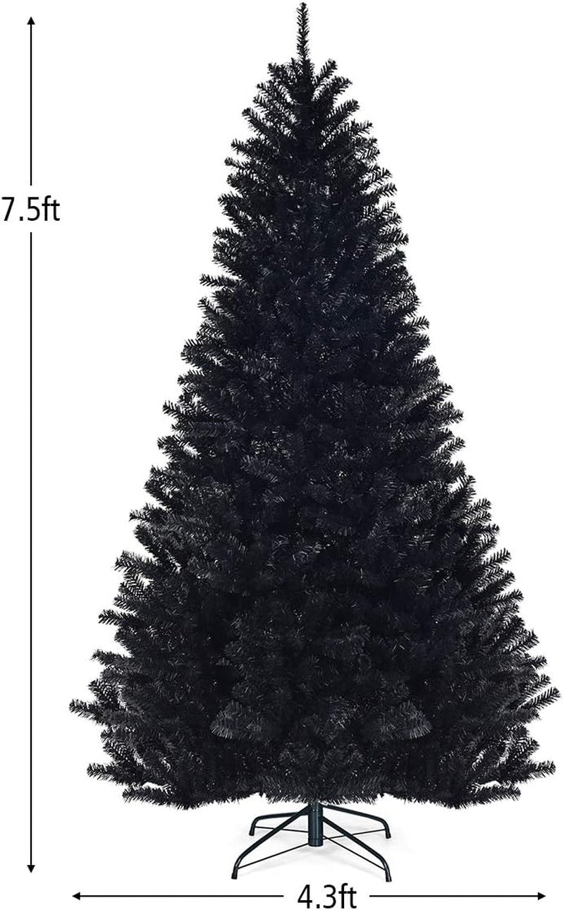 7.5Ft Unlit Black Christmas Tree, Artificial Halloween Tree with 1258 Branch Tips, Metal Stand, Xmas Full Tree for Indoor Holiday Carnival Party