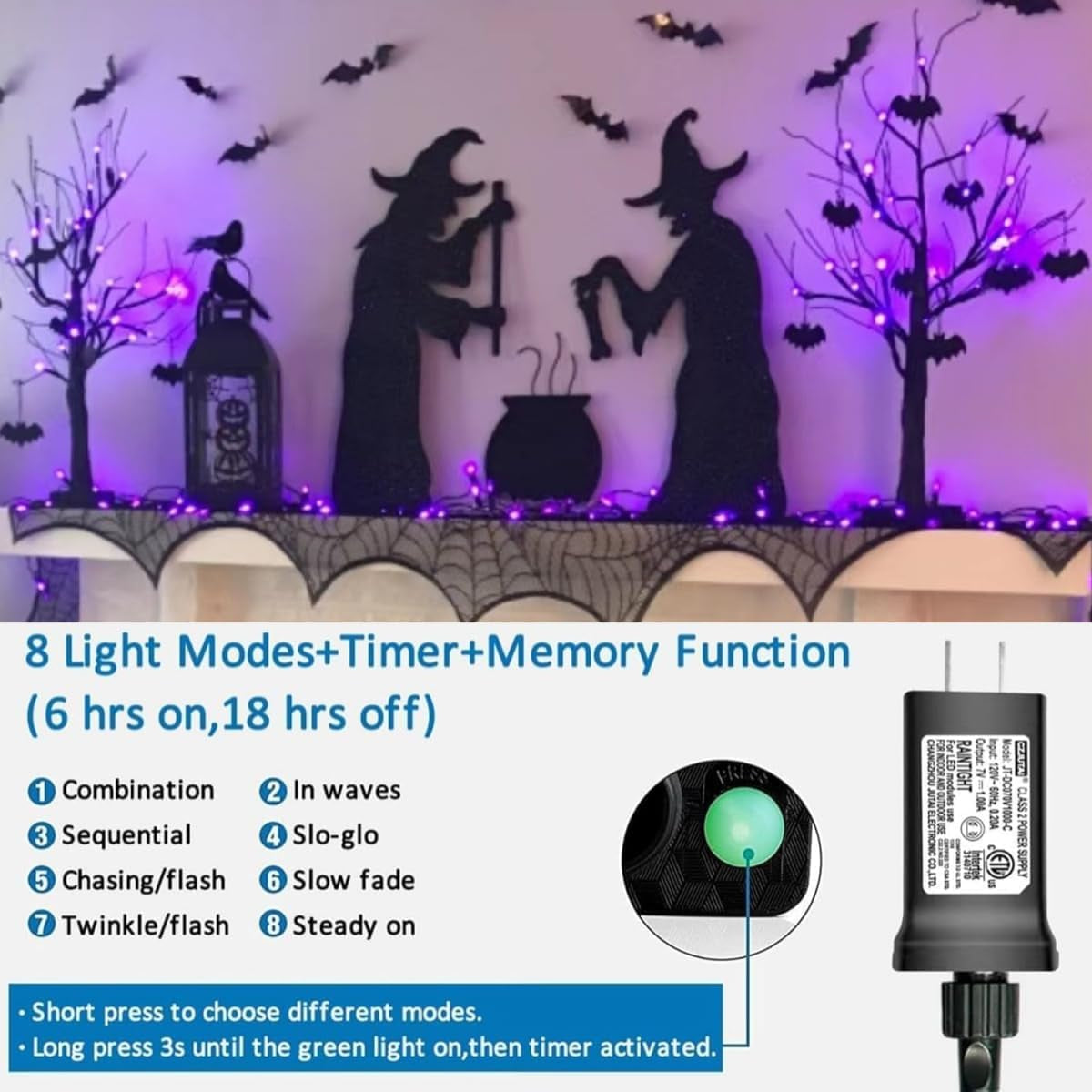 66Ft 200 LED Purple Halloween Lights Outdoor Waterproof, Green Wire Christmas String Lights Indoor, 8 Modes Twinkle Tree Lights Plug in with Timer Memory