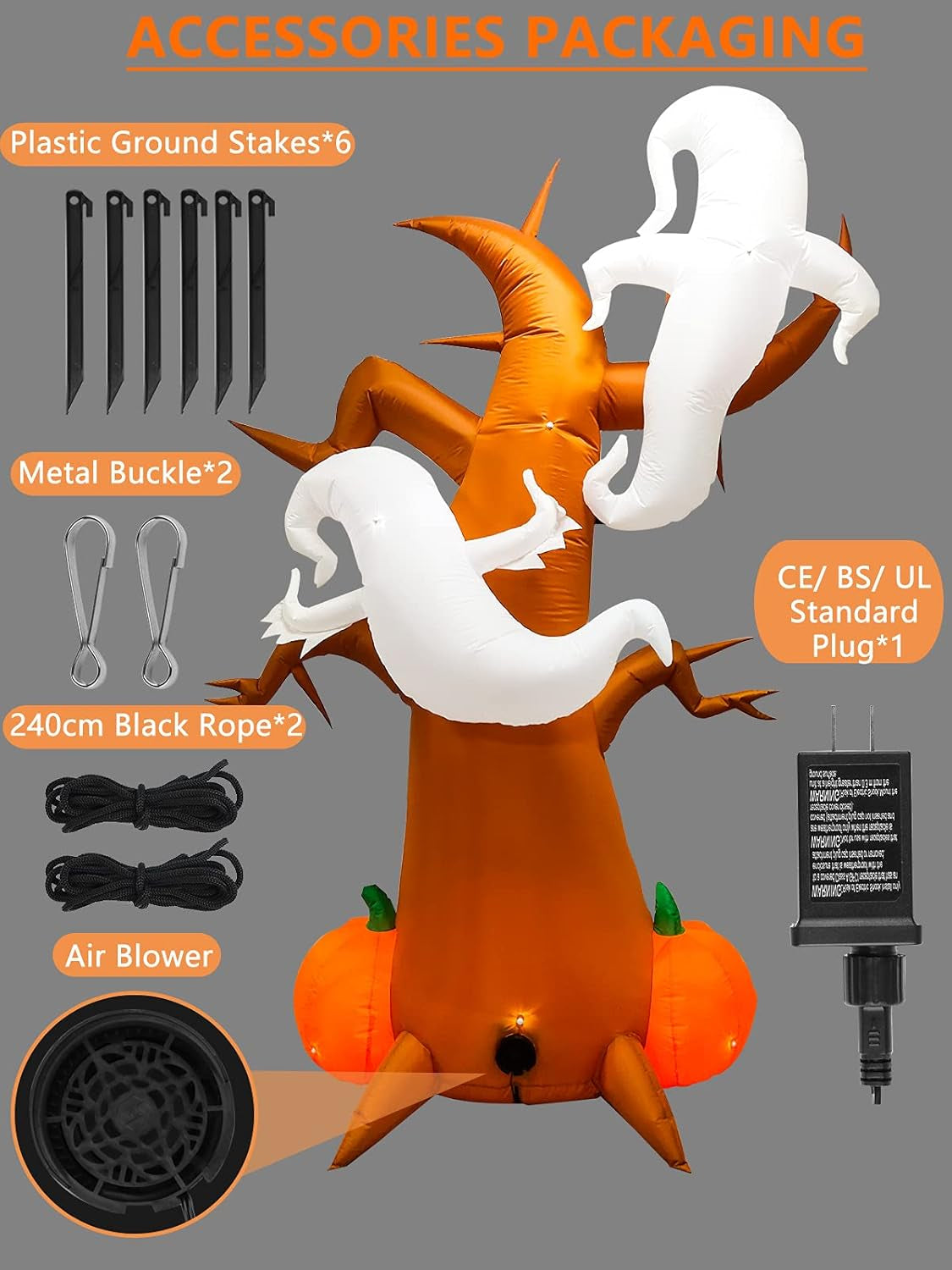 8 Feet Halloween Inflatable Dead Tree with Ghost Pumpkins  Blow up LED Light Dead Tree for Halloween Outdoor Indoor Holiday Decorations Yard Lawn Decor for Home Family Halloween Party
