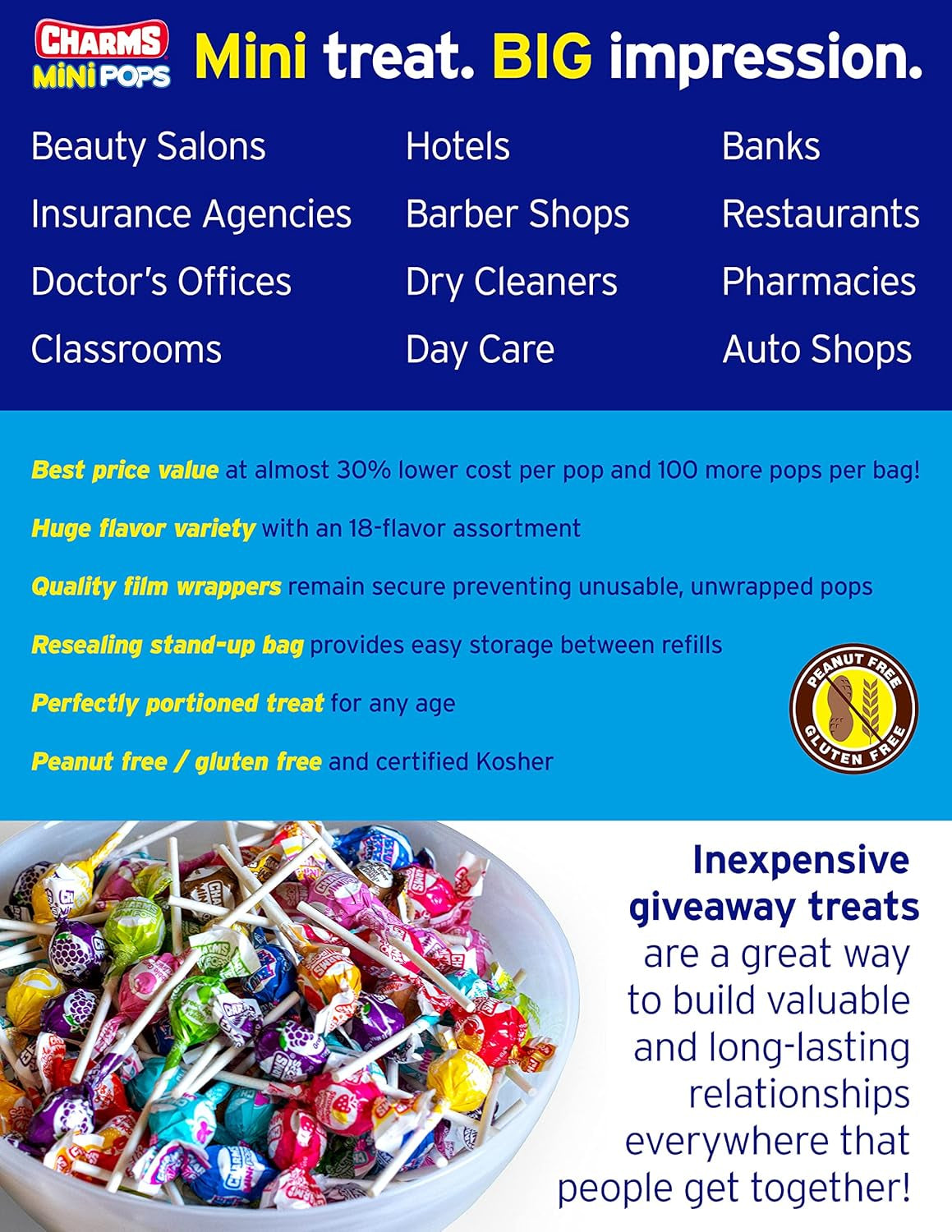 Charms Mini Pops - 4.5 Lb Bag of Individually Wrapped Fruity Hard Candy Lollipops in 18 Fun Flavors - Peanut and Gluten Free, 400 Count, Packaging May Vary