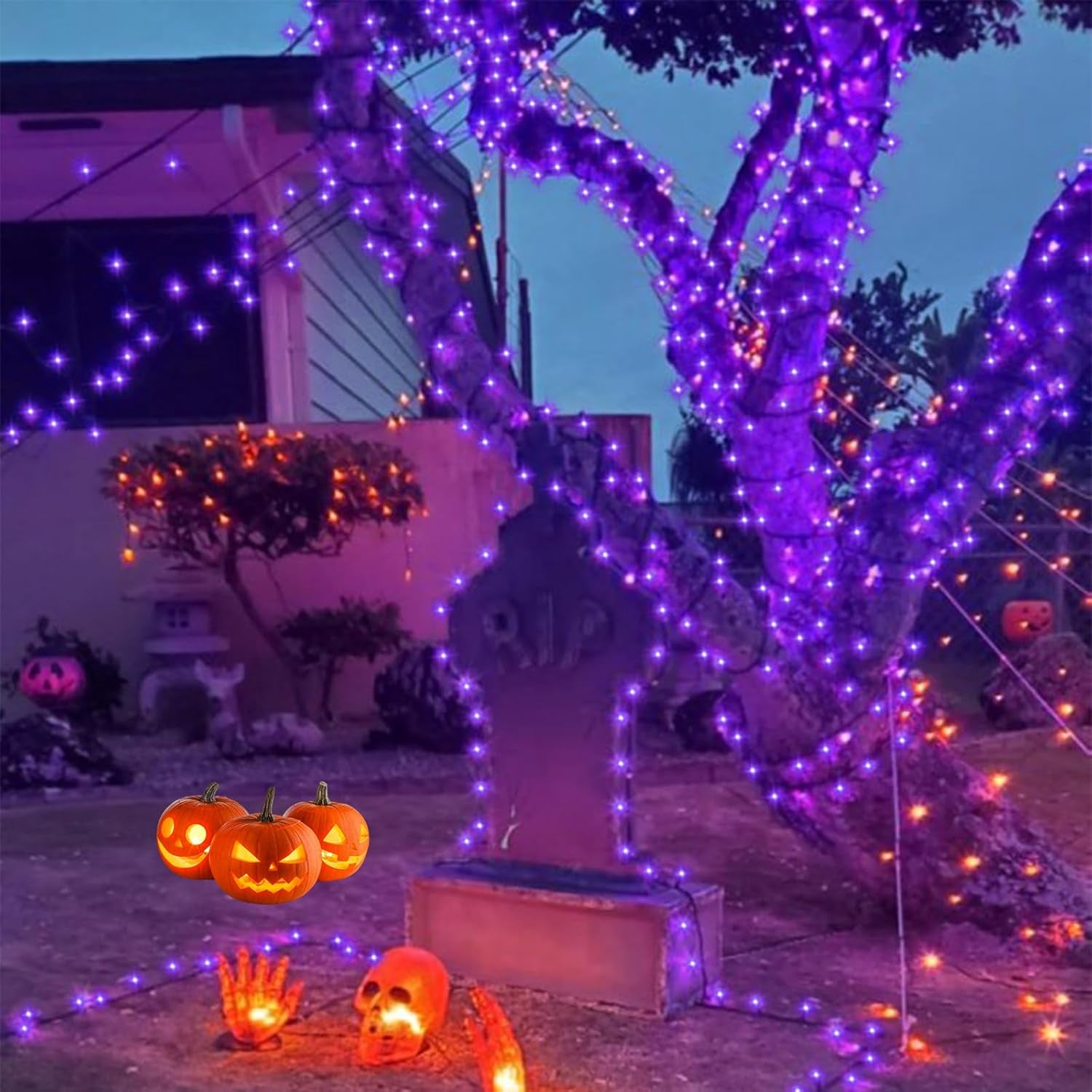 66Ft 200 LED Purple Halloween Lights Outdoor Waterproof, Green Wire Christmas String Lights Indoor, 8 Modes Twinkle Tree Lights Plug in with Timer Memory