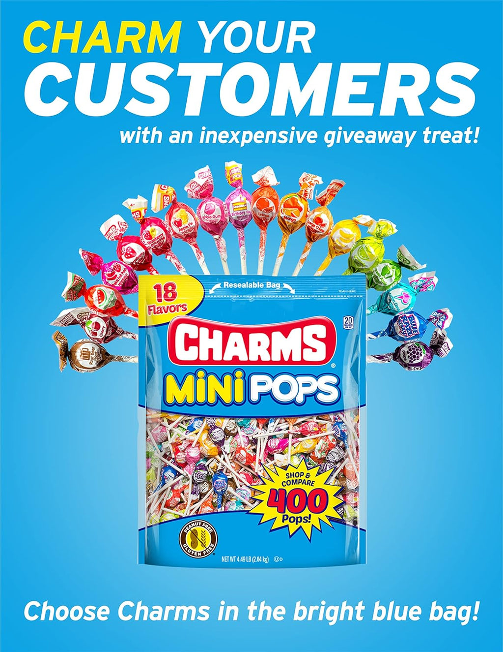 Charms Mini Pops - 4.5 Lb Bag of Individually Wrapped Fruity Hard Candy Lollipops in 18 Fun Flavors - Peanut and Gluten Free, 400 Count, Packaging May Vary