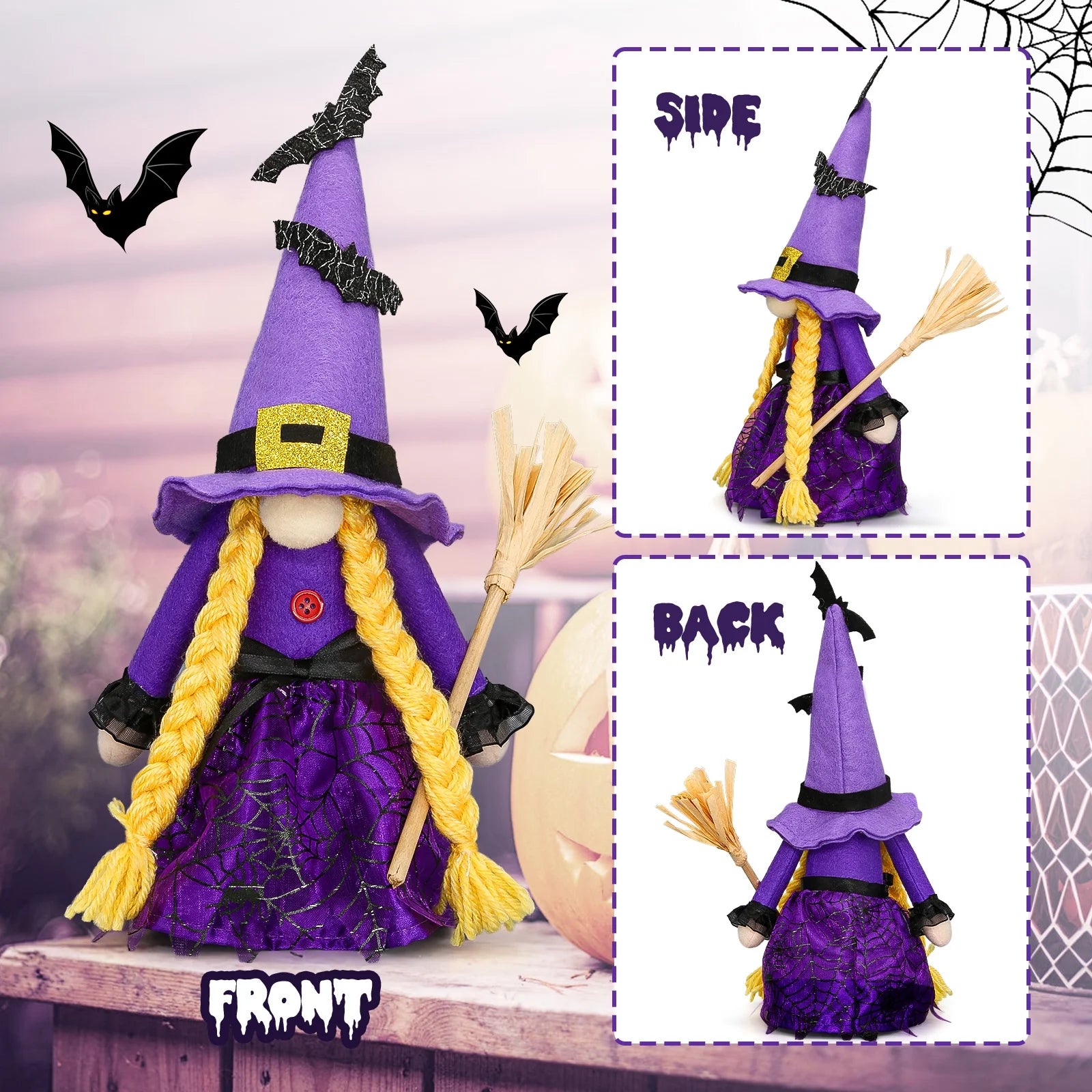 Hocus Pocus Halloween Gnomes Plush Decoration 3 Pcs Handmade Halloween Witches Swedish Scandinavian Tomte Elf Gnomes for Halloween Home Table Tiered Tray Decor