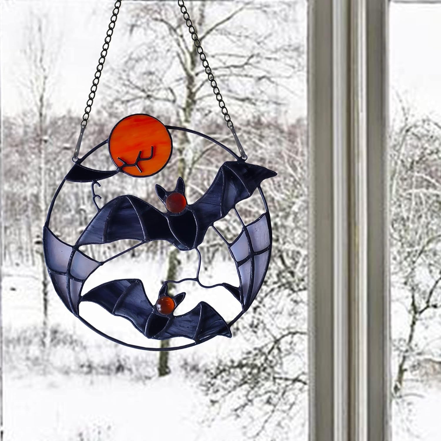 Halloween Bats Decor Stained Glass Window Hangings,Bat Stained Glass Suncatcher for Window,Halloween Party Decoration for Home Livingroom Bedroom