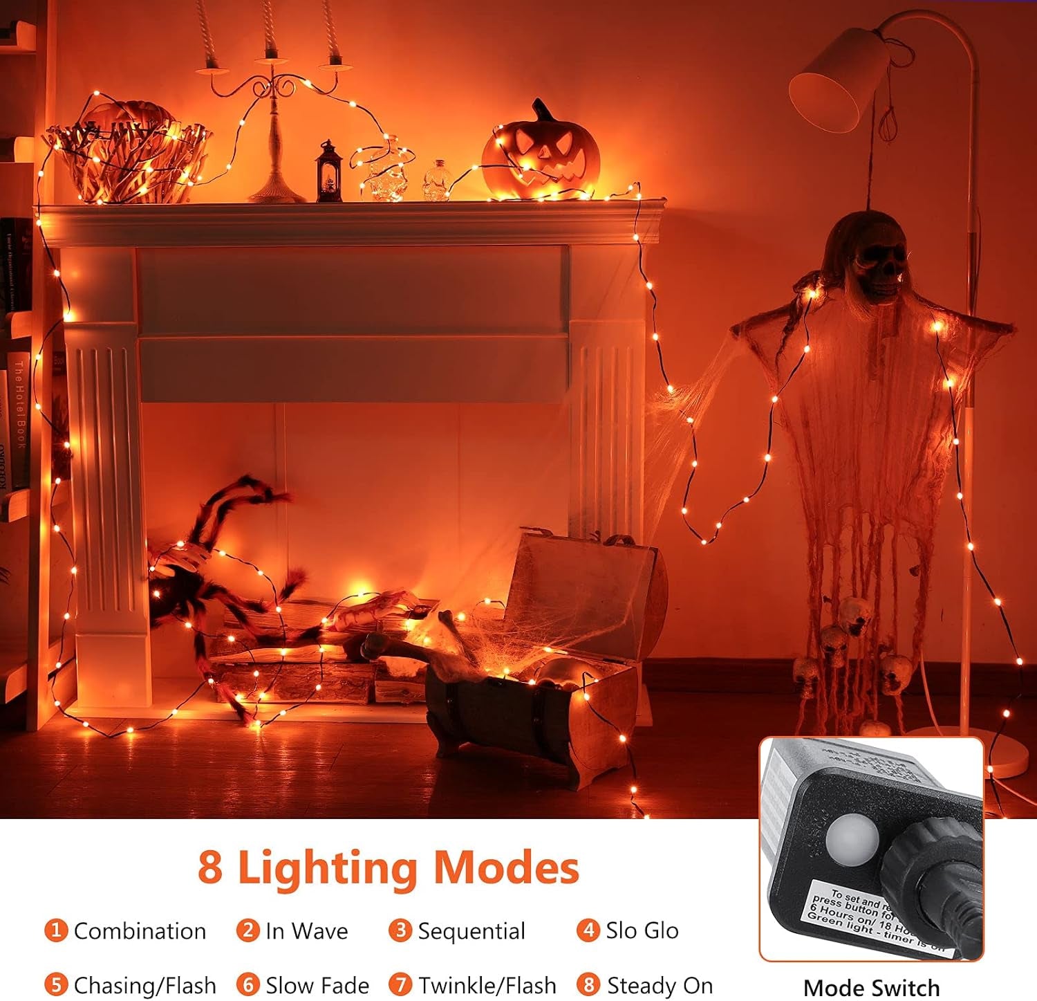 Halloween Lights Outdoor, 72Ft 200 LED Orange String Lights Indoor Connectable, 8 Modes Orange Halloween Lights Black Wire for outside Halloween Thanksgiving Fall Christmas Tree Garden Patio