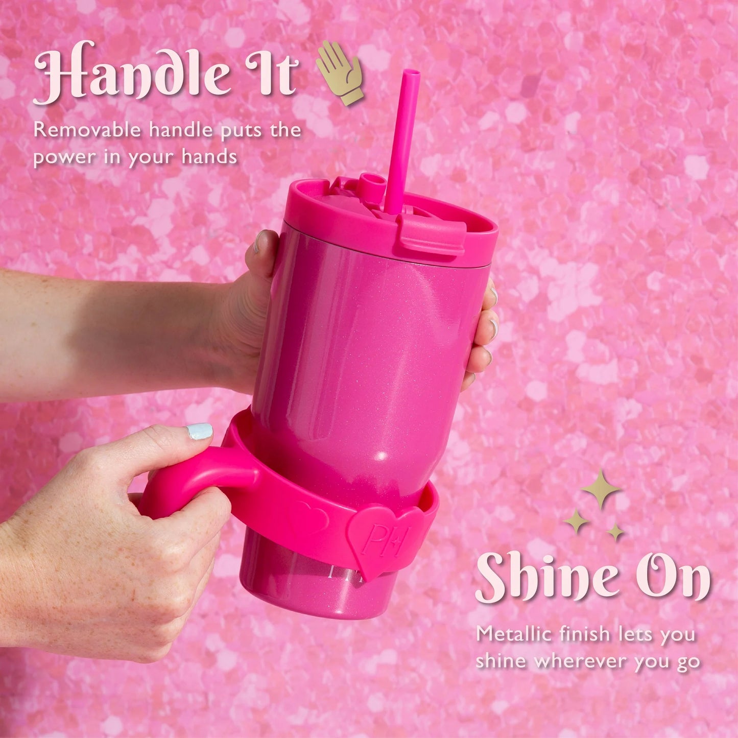 20 oz Double-Wall Insulated Tumbler, Includes 2-in-1 Lid & Removable Straw, Removable Heart-Detail Handle, Hot Pink