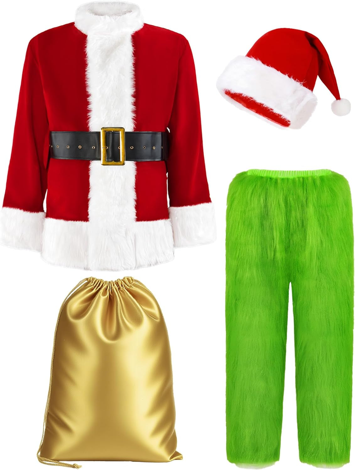 Christmas Costume for Men Santa Suit Adult 8PCS Deluxe Furry Green Giant Monster for Halloween Outfit Holiday Cosplay