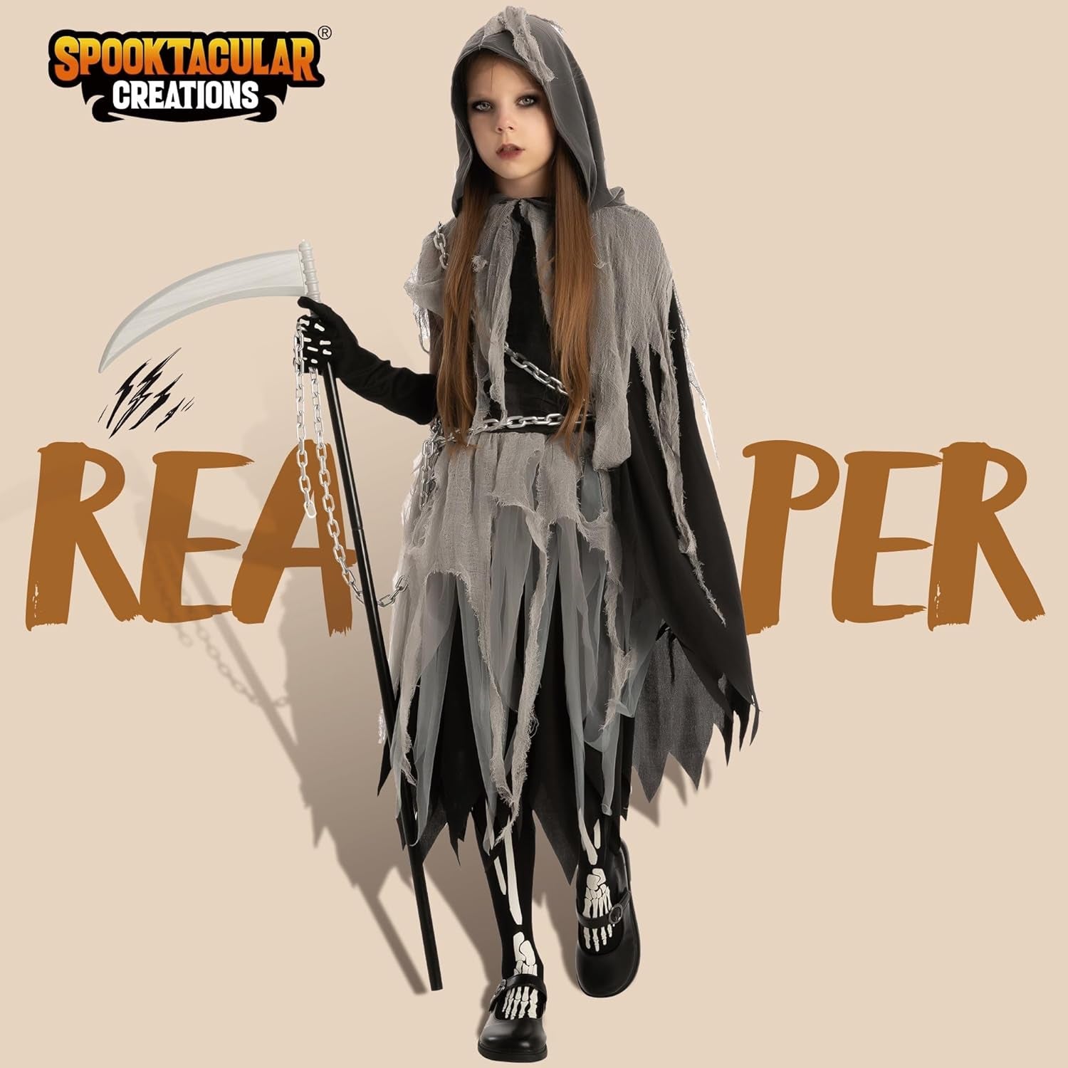 Girl Grim Reaper Costume with Gloves and Tights Glow in the Dark, Scary Halloween Costume