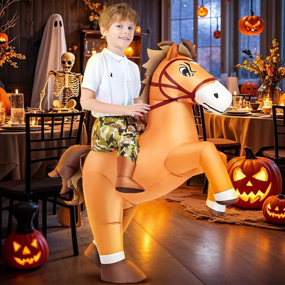 Inflatable Horse Costume Kids Halloween Riding Cowboy Cowgirl Costume Funny Blow up Horse Suits for Boys Girls Cosplay Party