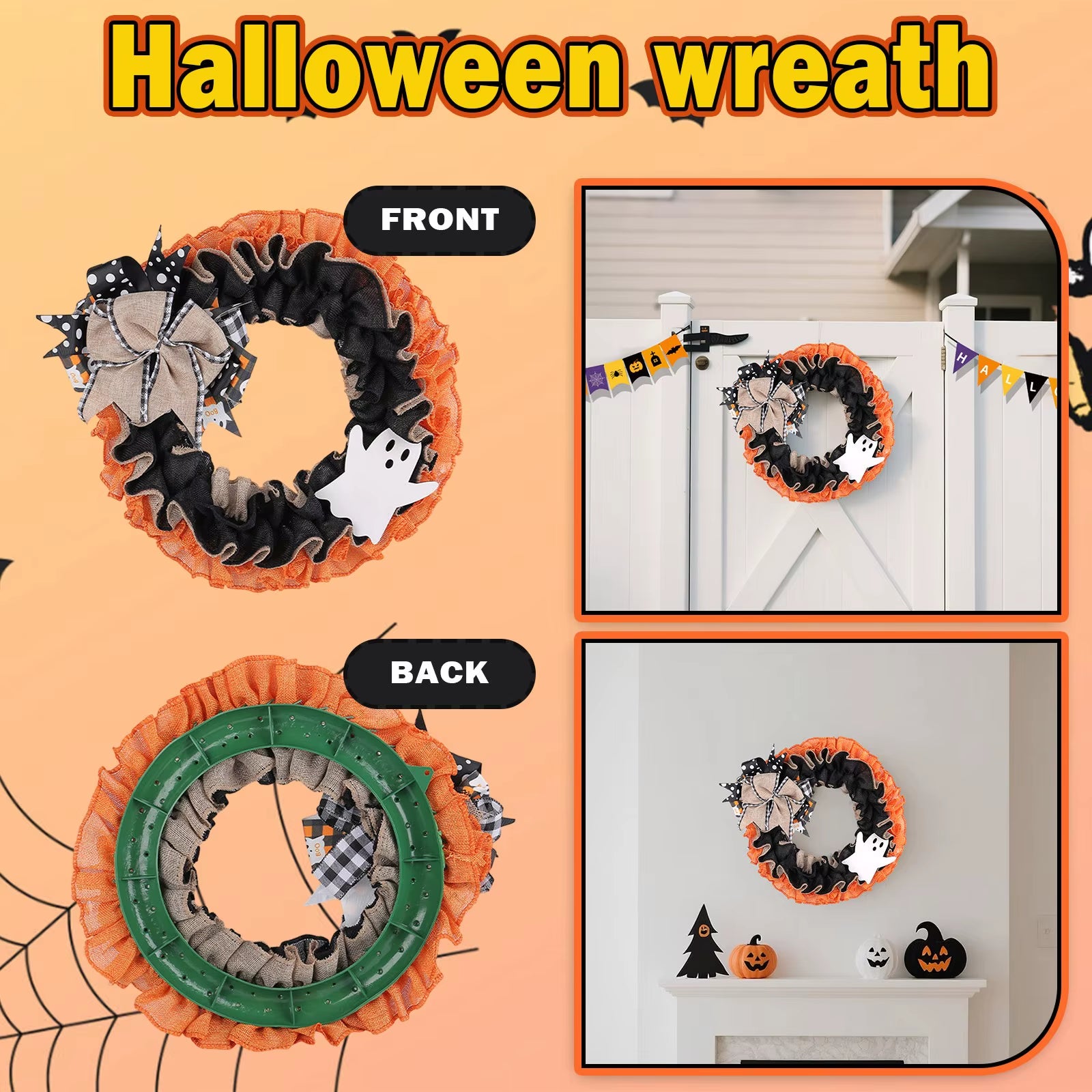 Halloween Wreath Plaid Bow Ribbon Artificial Wreath Festival Garland Decoration Wreath Hanging Christmas Wreath for Home Party