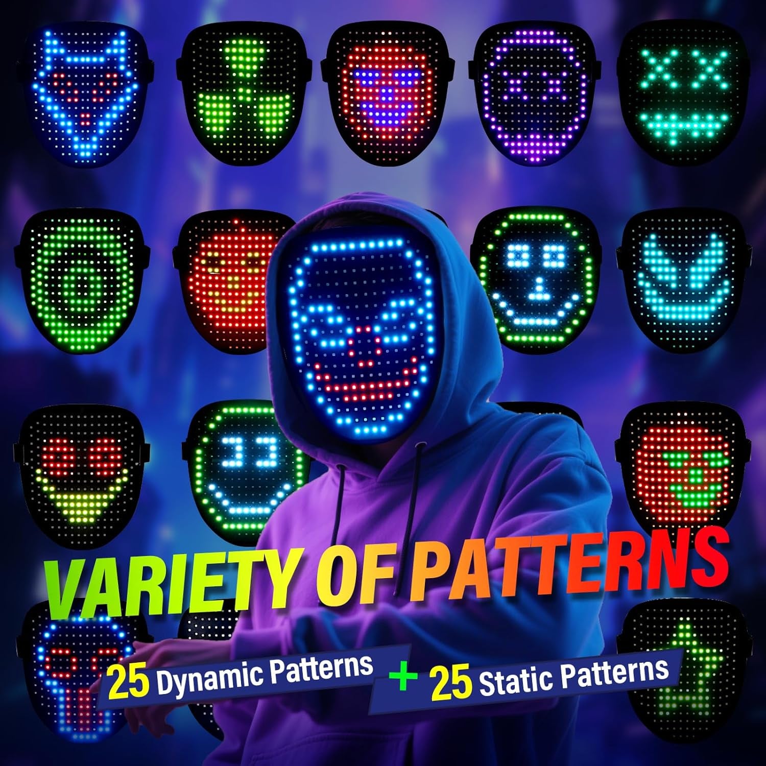 LED Face Mask with Gesture Control – Rechargeable Light up Halloween Masks Costume for Adults & Kids, Glowing Transformable Cosplay Mask for Parties, Christmas, Concerts