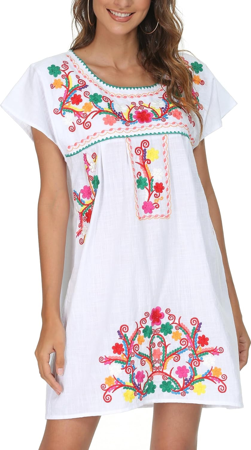 Women Mexican Embroidered Dress Short Sleeve