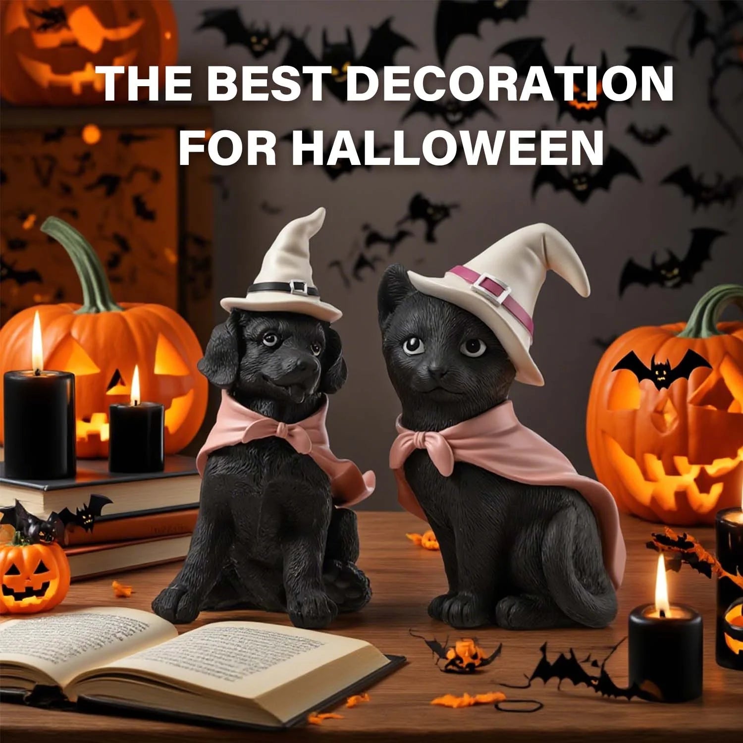 Halloween Decoration Indoor Set of 2, Halloween Black Cat and Black Dog for Vintage Halloween Cat Decor, Halloween Gifts