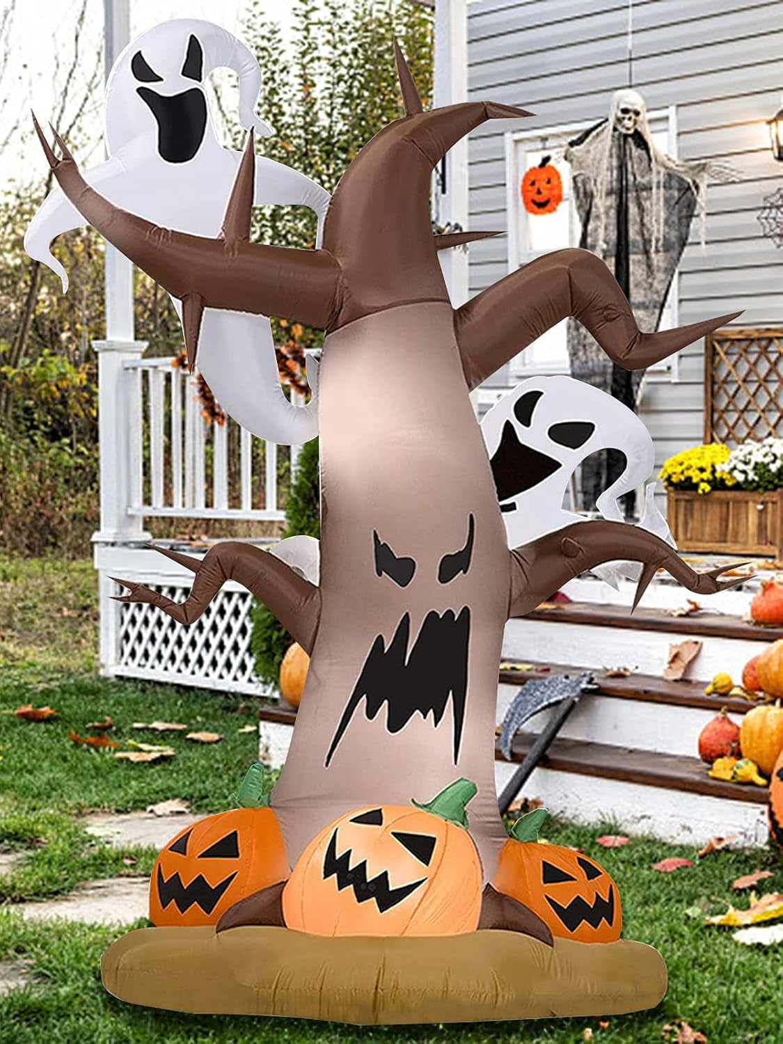 8 Feet Halloween Inflatable Dead Tree with Ghost Pumpkins  Blow up LED Light Dead Tree for Halloween Outdoor Indoor Holiday Decorations Yard Lawn Decor for Home Family Halloween Party