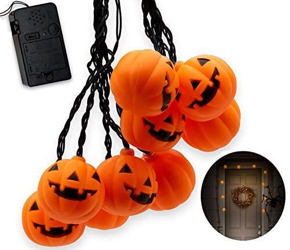 Halloween String Lights, 10 Big 3 Inch Battery Powered Jack O Lantern Blinking Lights with Motion Sensor and Halloween Music, Halloween Decorations. (Pumpkin)
