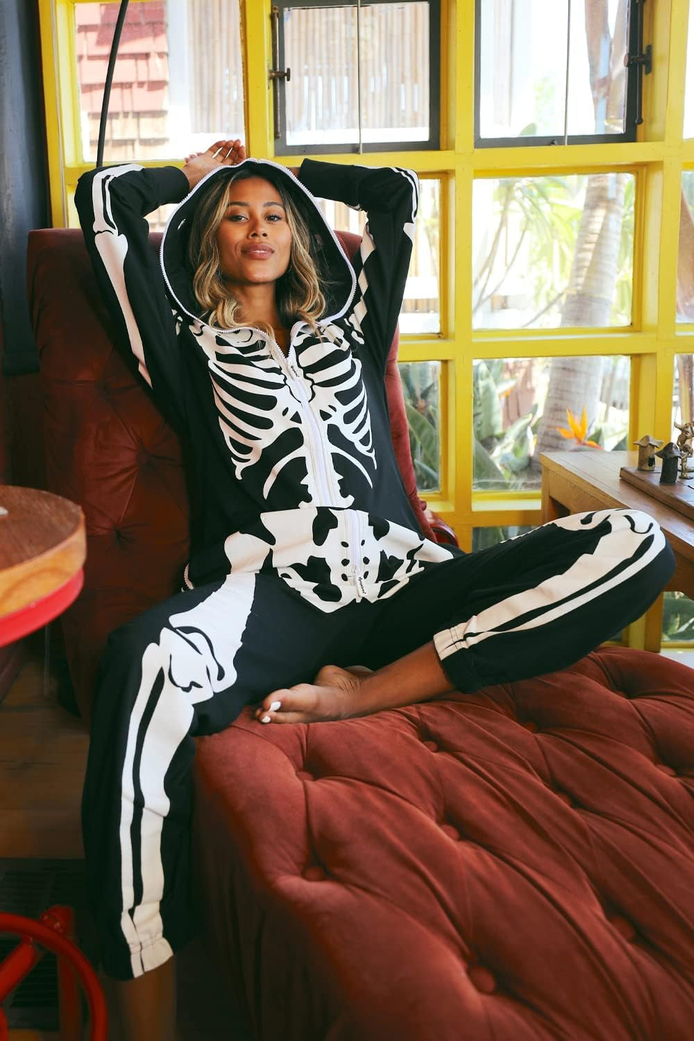Halloween Skeleton Costume for Women - Comfy Easy Adult Onesie Jumpsuit - Front and Back Print with Zip up Mask