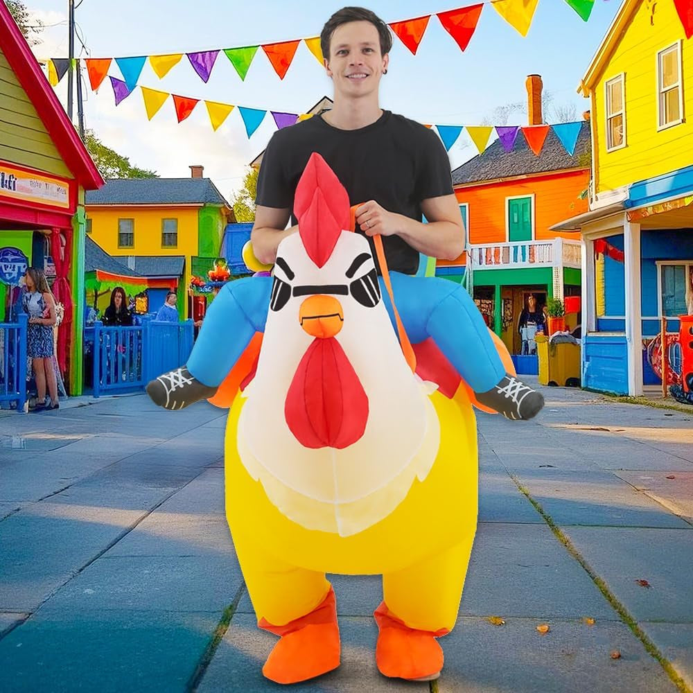 Inflatable Adult Halloween Costumes Blow up Chicken Ride on Rooster Costume for Halloween Funny Riding Costume Men Women Cosplay Party