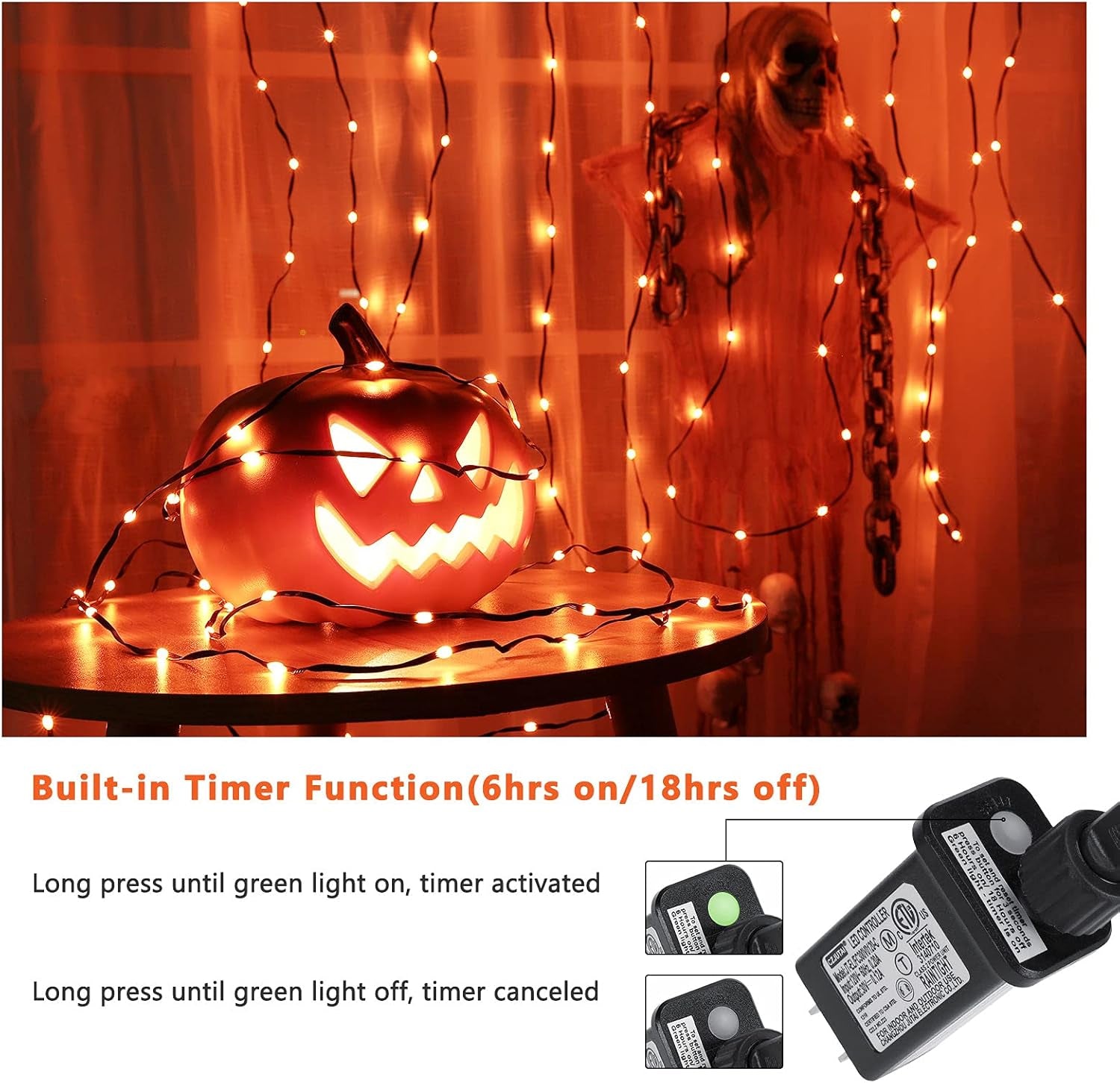 Halloween Lights Outdoor, 72Ft 200 LED Orange String Lights Indoor Connectable, 8 Modes Orange Halloween Lights Black Wire for outside Halloween Thanksgiving Fall Christmas Tree Garden Patio