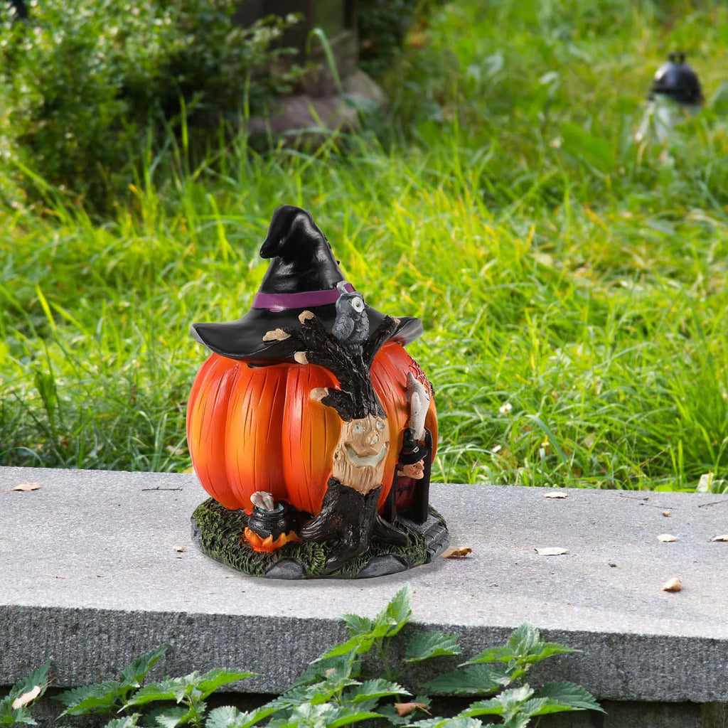 Halloween Pumpkin Decoration Halloween Witch Pumpkin House Statue Glowing Resin Treat or Trick Figurine for Table Desktop Ornament Halloween Decor