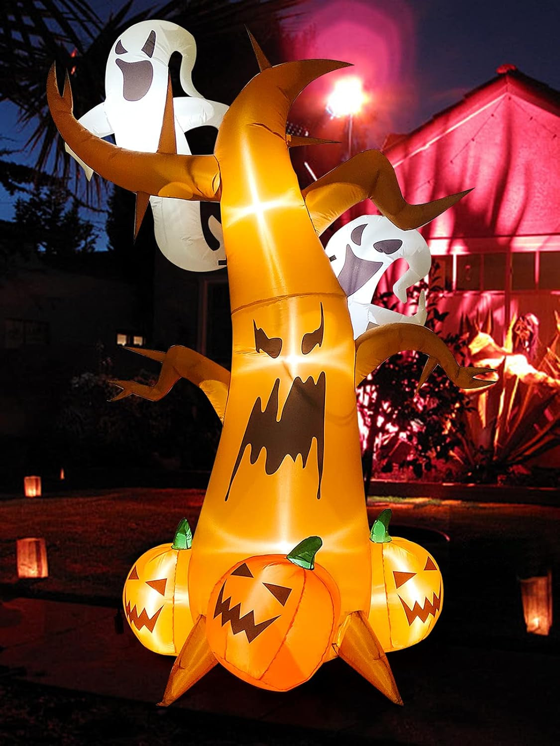8 Feet Halloween Inflatable Dead Tree with Ghost Pumpkins  Blow up LED Light Dead Tree for Halloween Outdoor Indoor Holiday Decorations Yard Lawn Decor for Home Family Halloween Party
